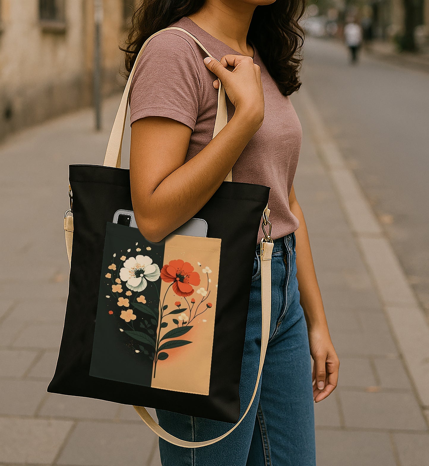 Flower Art 2 Printed Women's Girls Cross Body Sling Bag with Extra Front Pocket, College Bag for Girls, Tote Bag for Shopping,Travel