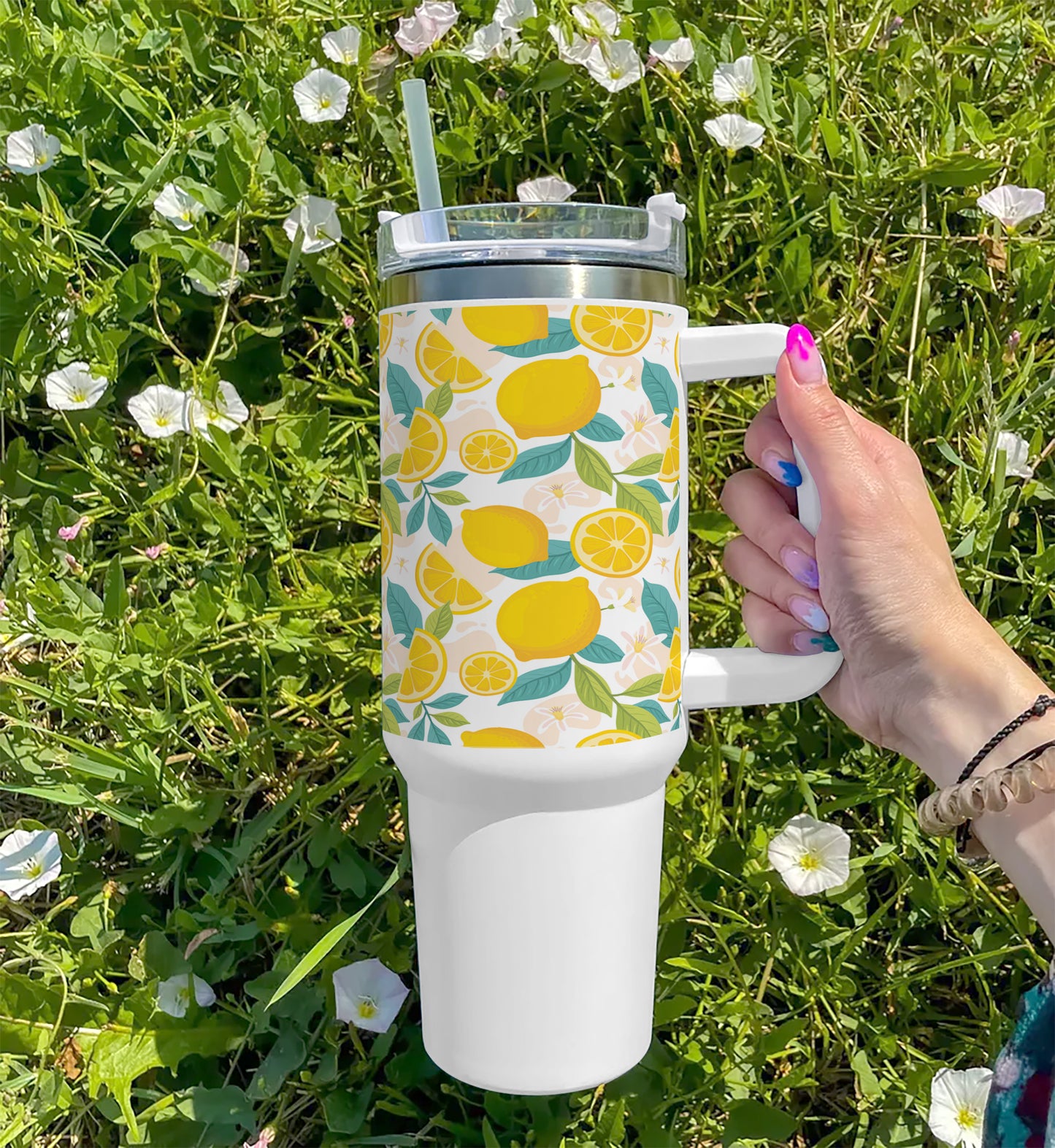 Hand drawn fruit and floral design Printed 850ML with Lid Leak Proof Big Travel Tumbler with Handle and Straw