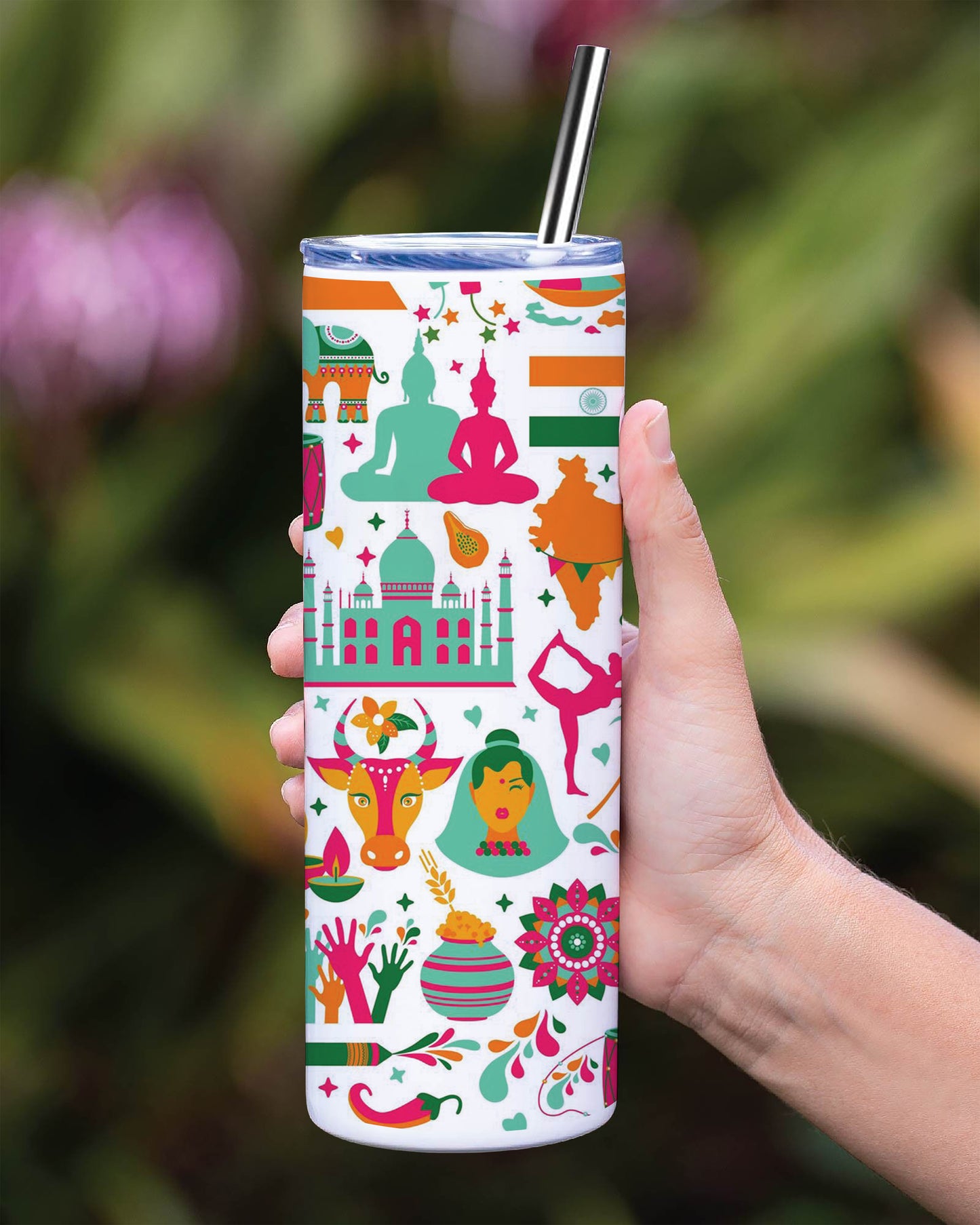 Indian architecture and Asian traditions set Pro Vector Printed 750ML with Lid Leak Proof Travel Tumbler with Straw