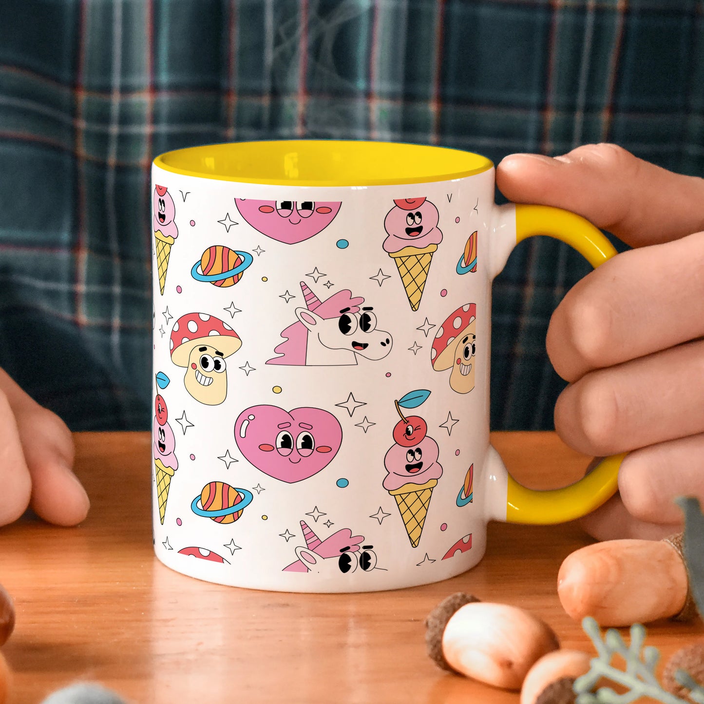 Hand drawn flat trendy cartoon pattern Yellow Handle 330 ml Coffee Mug