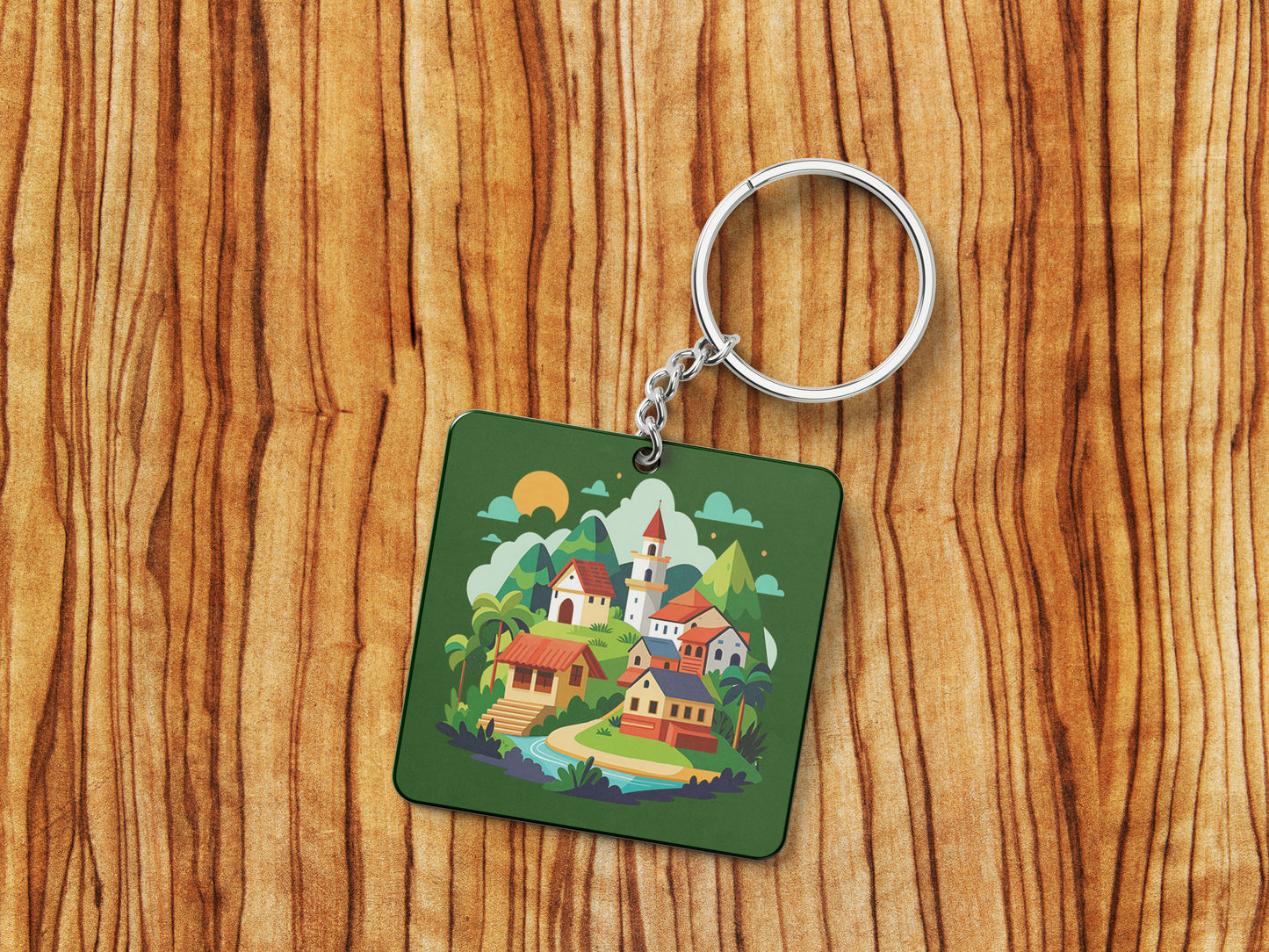 A Cartoon Illustration of a Fantasy Landscape with a Waterfall a Castle and a Mountain Printed Square Shape Wooden Keyring with Chain