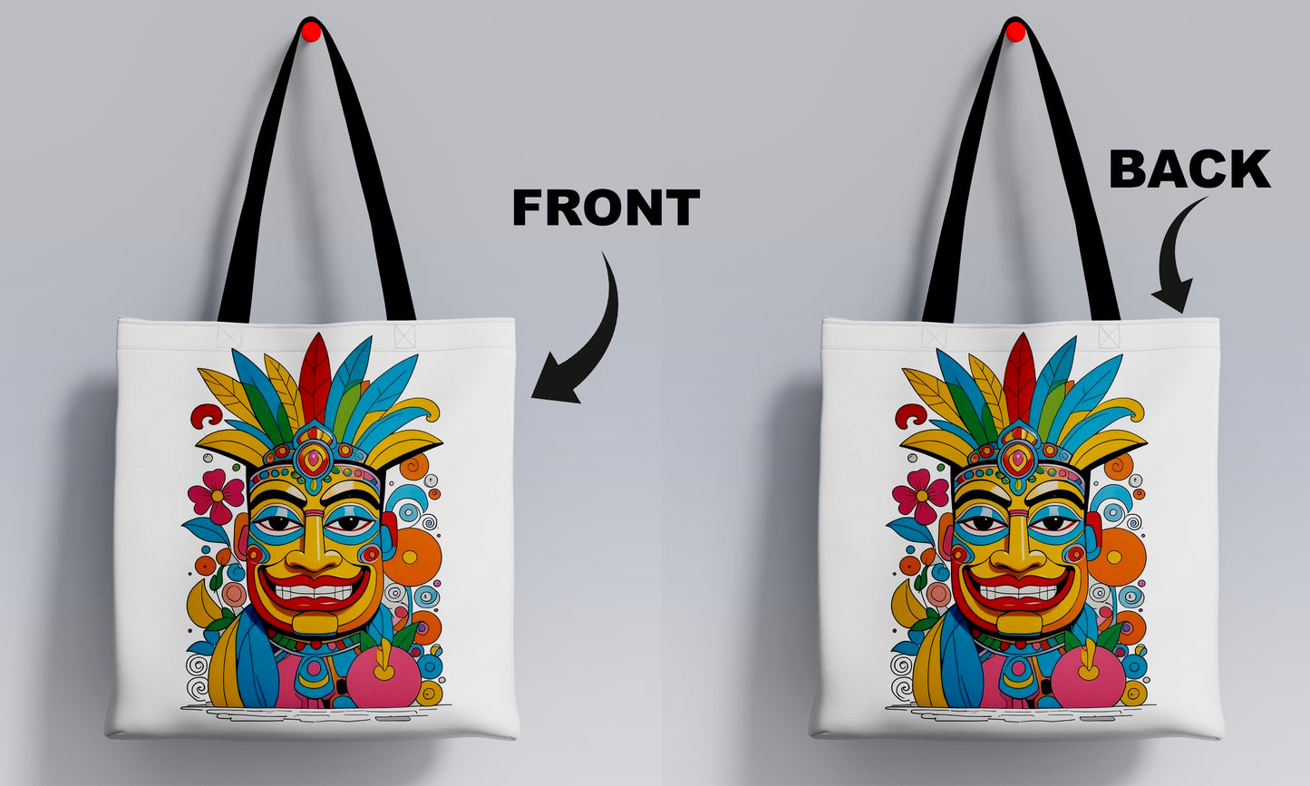 Tiki Tribal Mask Hawaiian Art Design Printed Black Handle Tote Bag (14 X 16 Inches) For Shopping, College, Travel