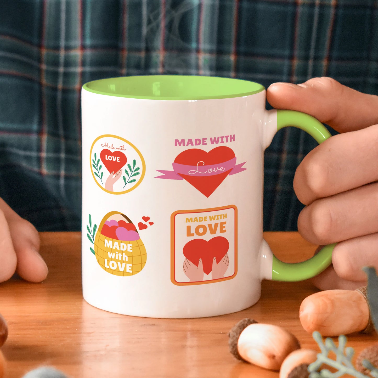 Hand drawn made with love floral label design Light Green Handle 330 ml Coffee Mug