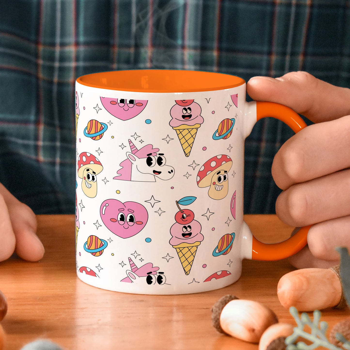 Hand drawn flat trendy cartoon pattern Orange Handle 330 ml Coffee Mug