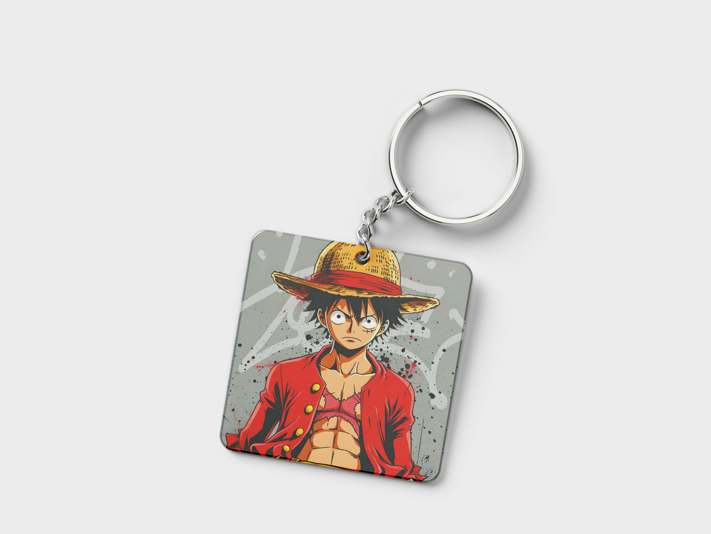 Tableau One Piece - Luffy Portrait - Décoration Murale Design Printed Square Shape Wooden Keyring with Chain