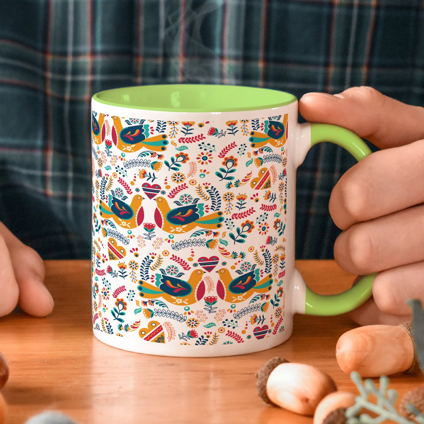 Flat design nordic pattern design Light Green Handle 330 ml Coffee Mug
