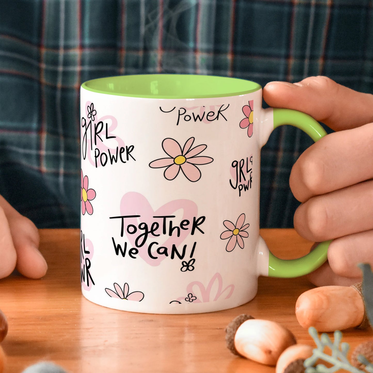 Cute pink flower and heart drawings Seamless pattern Light Green Handle 330 ml Coffee Mug