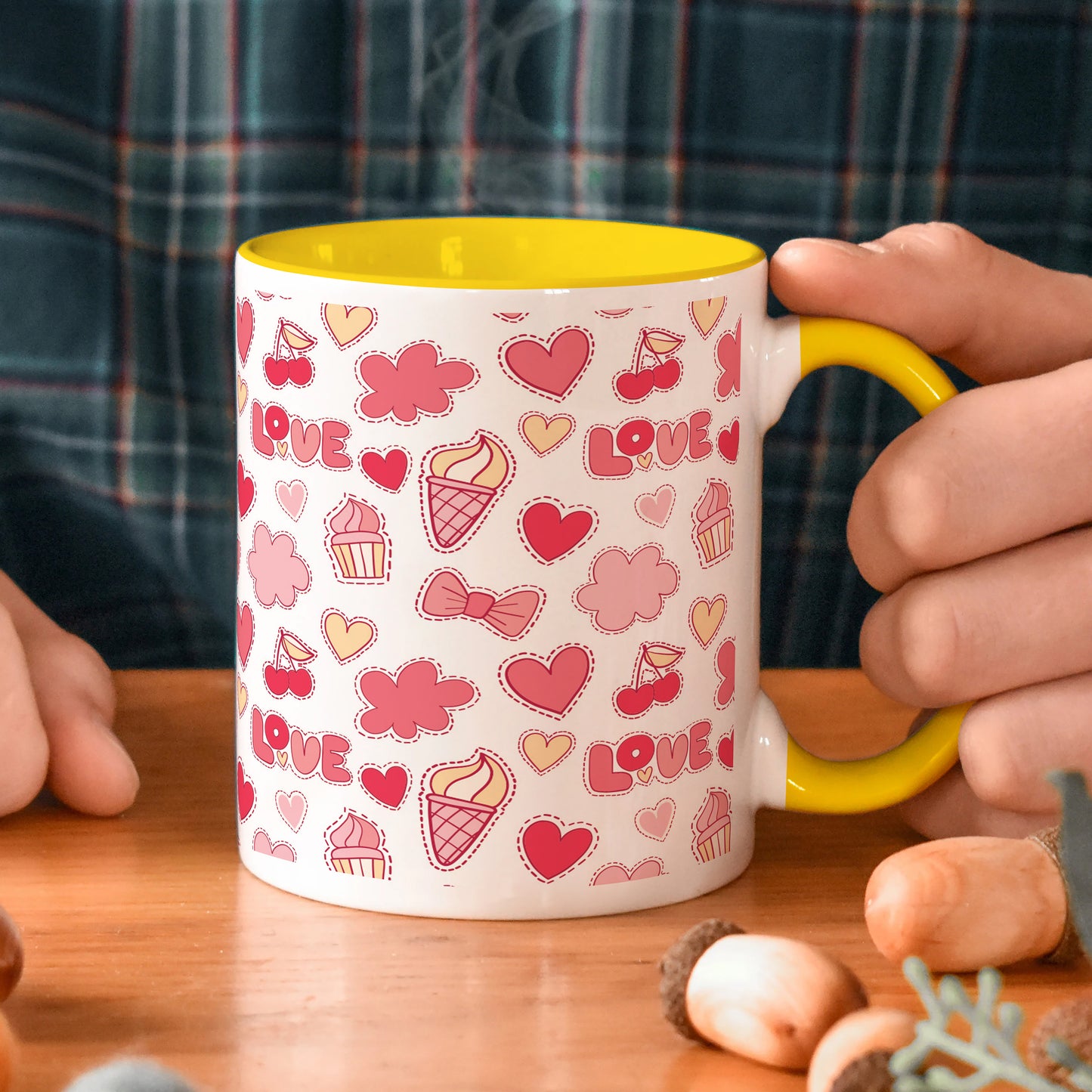 Retro pattern of decorative love elements design Yellow Handle 330 ml Coffee Mug