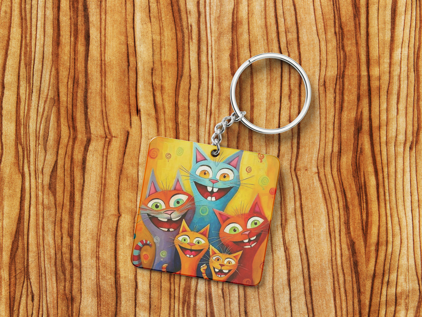 Cartoon cat group watercolor Artwork Printed Square Shape Wooden Keyring with Chain