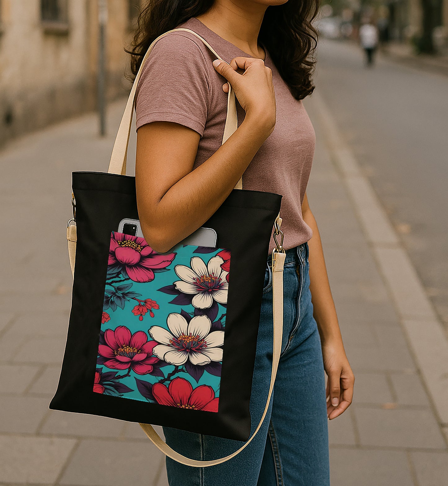 Flower black patch 2 Printed Women's Girls Cross Body Sling Bag with Extra Front Pocket, College Bag for Girls, Tote Bag for Shopping,Travel