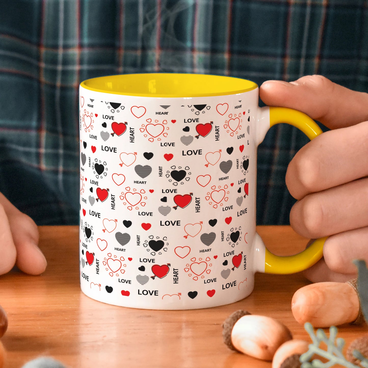 Romantic Hand Drawn Elements With Love Lettering design Yellow Handle 330 ml Coffee Mug