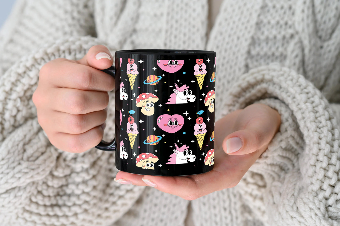 Hand drawn flat trendy cartoon pattern Full Black 330 ml Coffee Mug