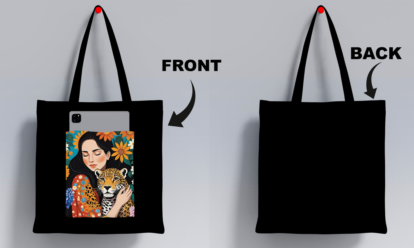 Girl With Leopard In Jungle colorful art Design Printed Black Patch With Pocket Tote Bag (14 X 16 Inches) For Shopping, College, Travel