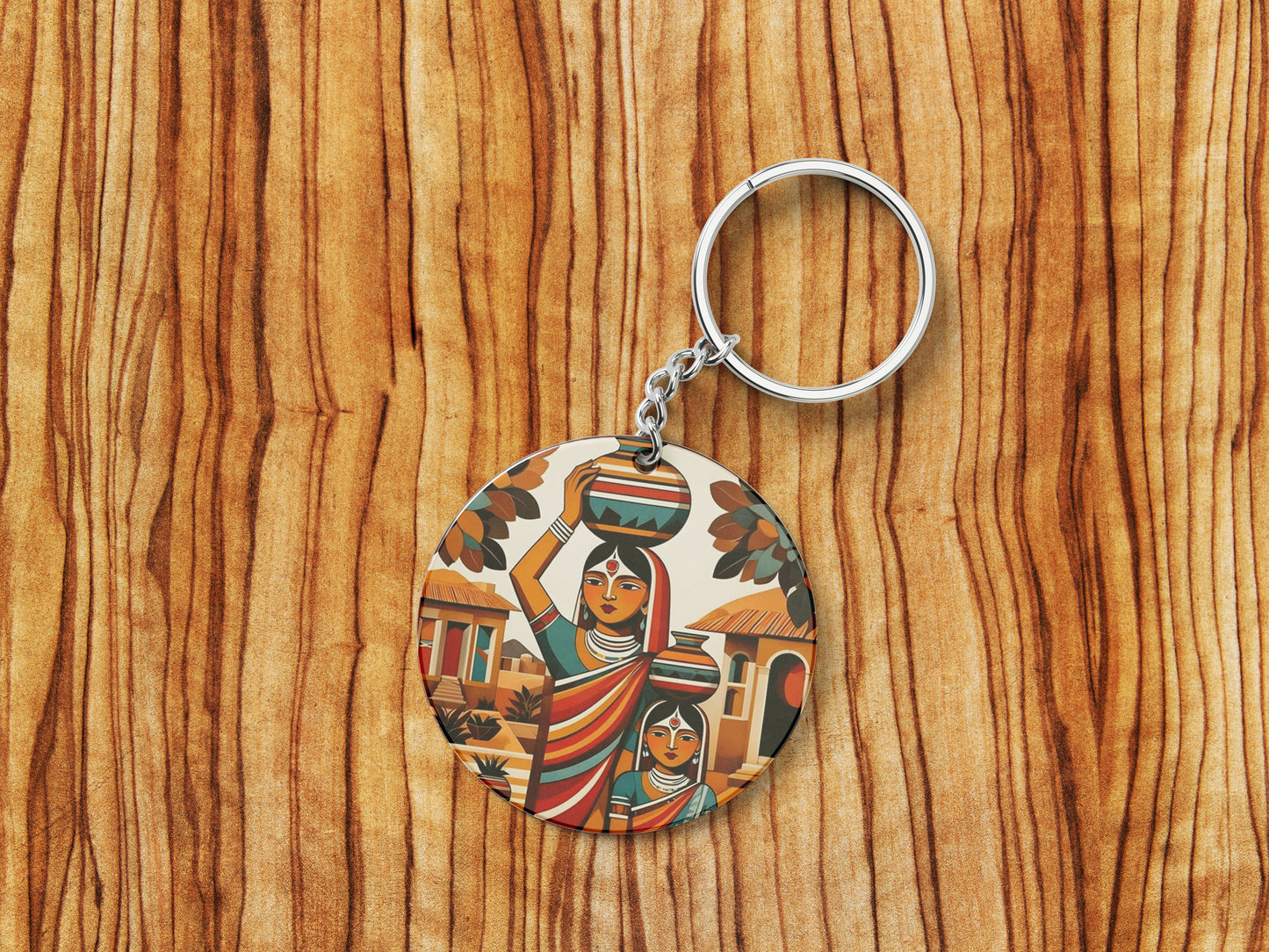 Village Woman royalty illustration Printed Round Circle Shape Wooden Keyring with Chain