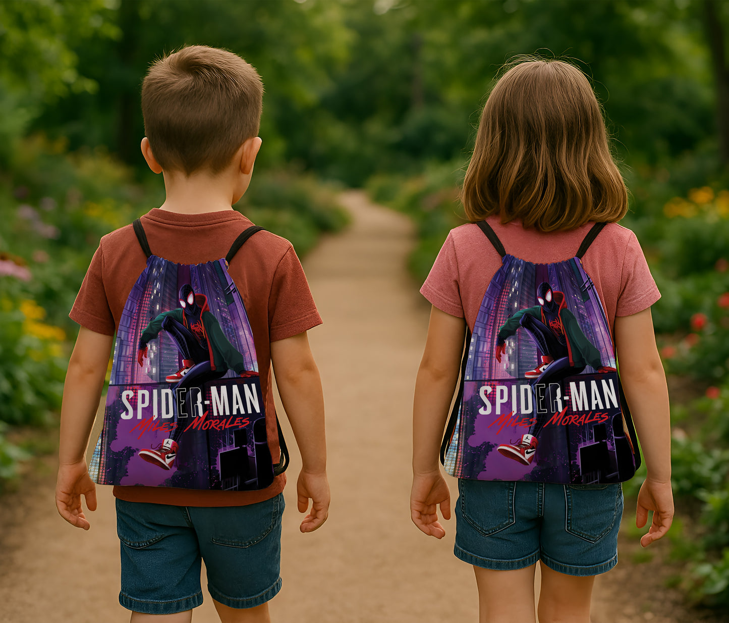 Miles Morales Spiderman Pattern Polyester String Backpack Bags for kids for Gym, Yoga, Tuition ,Beach Bag for 4-10 year boys and girls