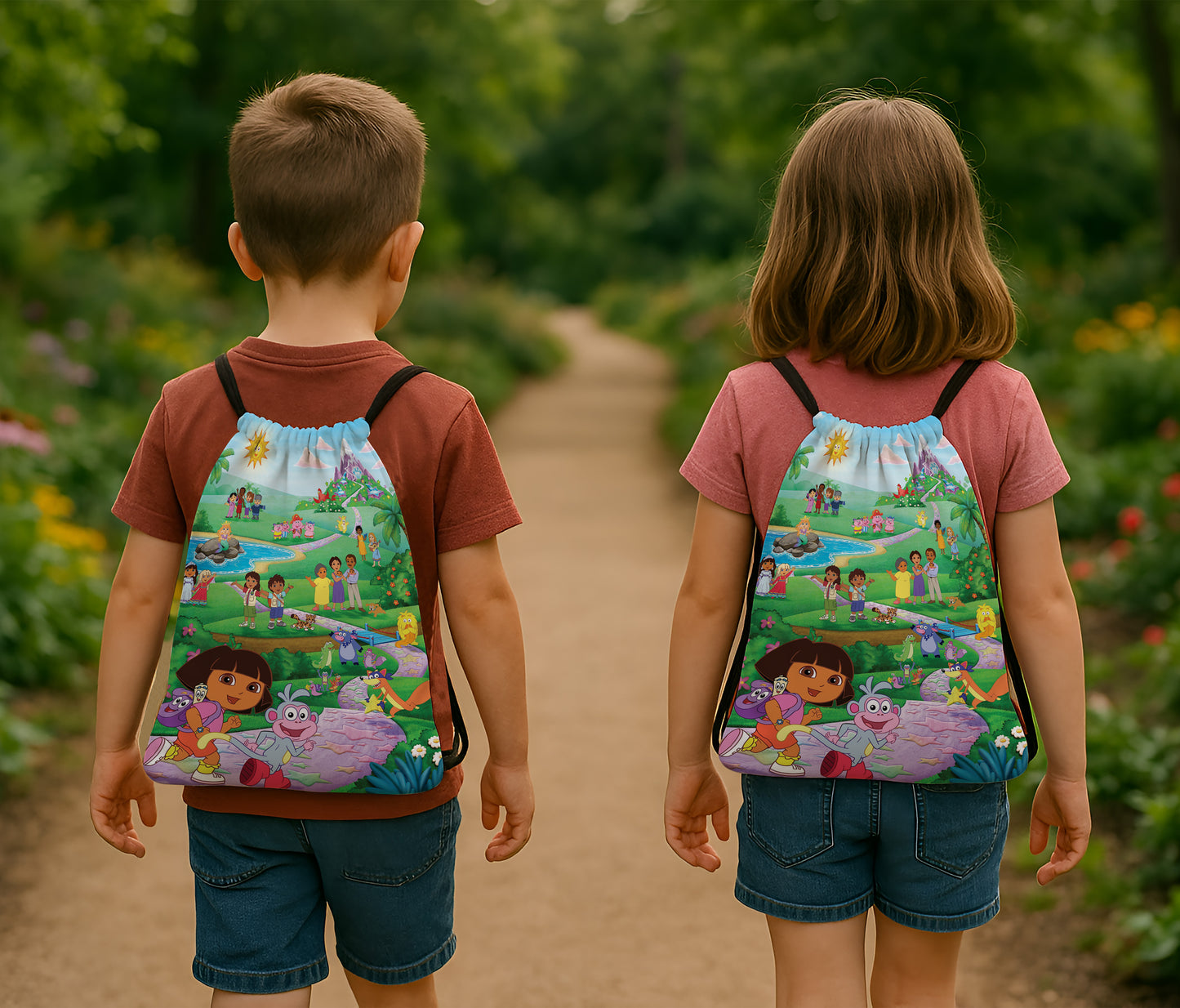 Dora The Explorer Pattern Polyester String Backpack Bags for kids for Gym, Yoga, Tuition ,Beach Bag for 4-10 year boys and girls