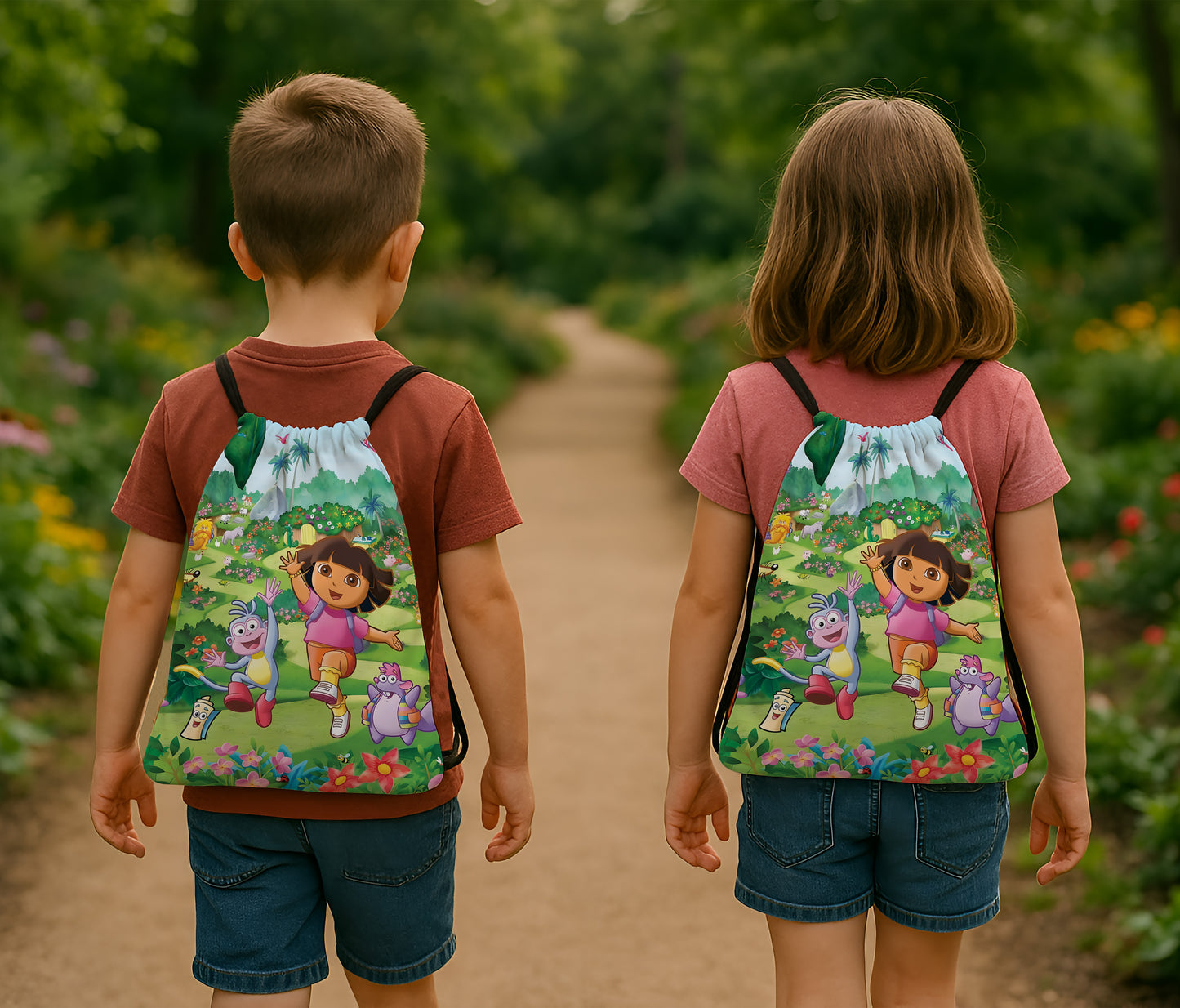 Dora The Explorer Scenery Pattern Polyester String Backpack Bags for kids for Gym, Yoga, Tuition ,Beach Bag for 4-10 year boys and girls