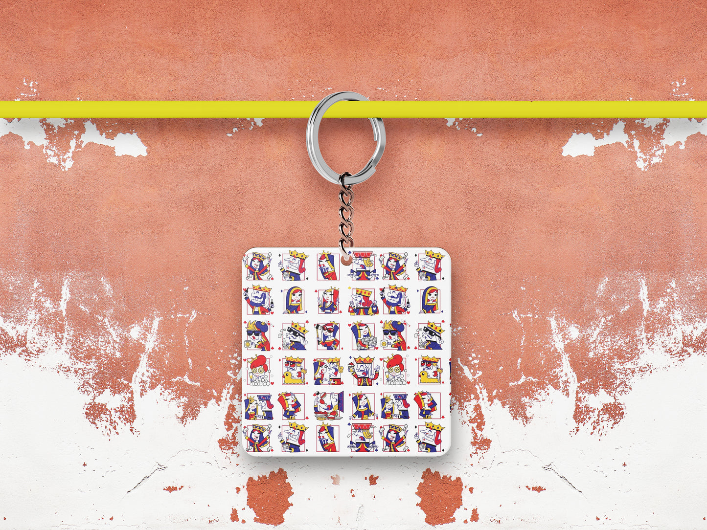 King and Queen Faces Pattern Printed 330 ml White Coffee Mug with Square Shape Wooden Keyring and Chain