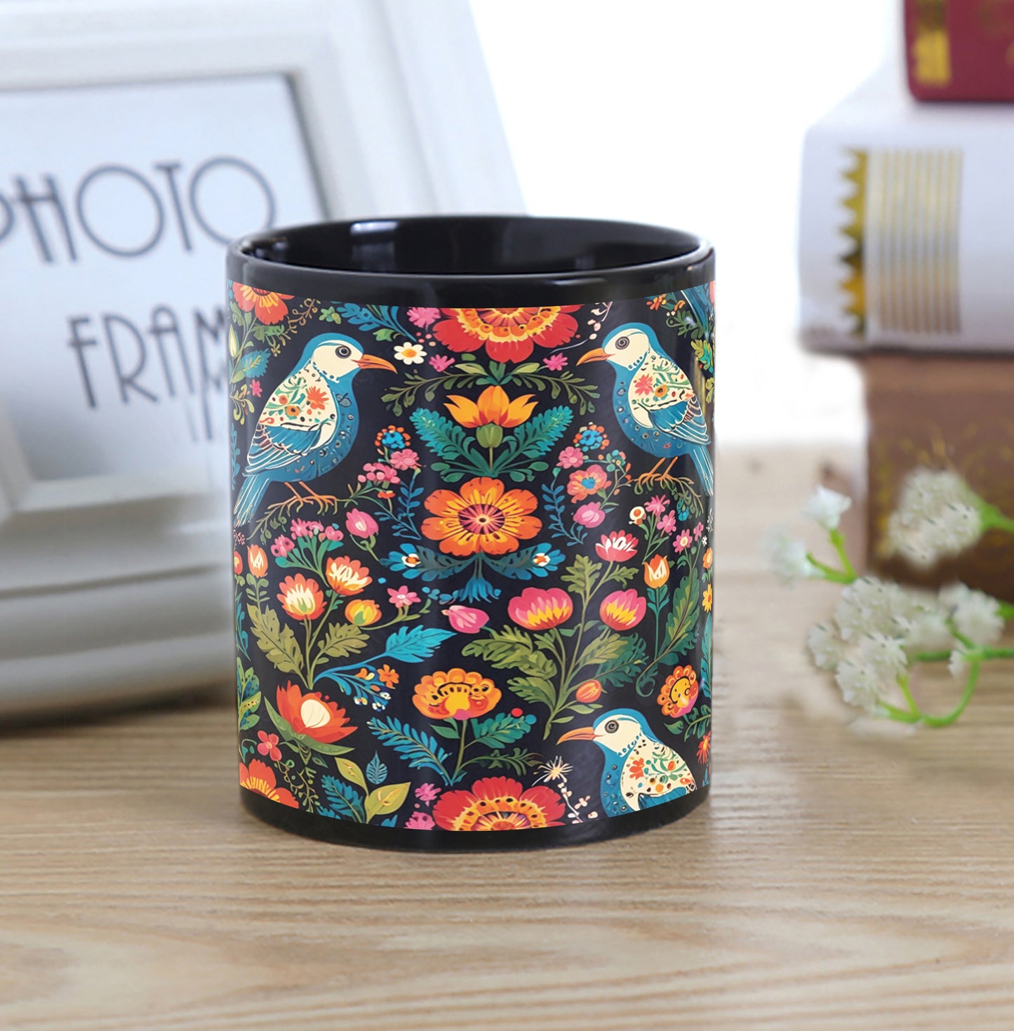 Birds and Flowers Folk Pattern Combo Mugs and Coaster(Set of 2 Mugs and 2 coasters) 330 ml Full Black Coffee Mug