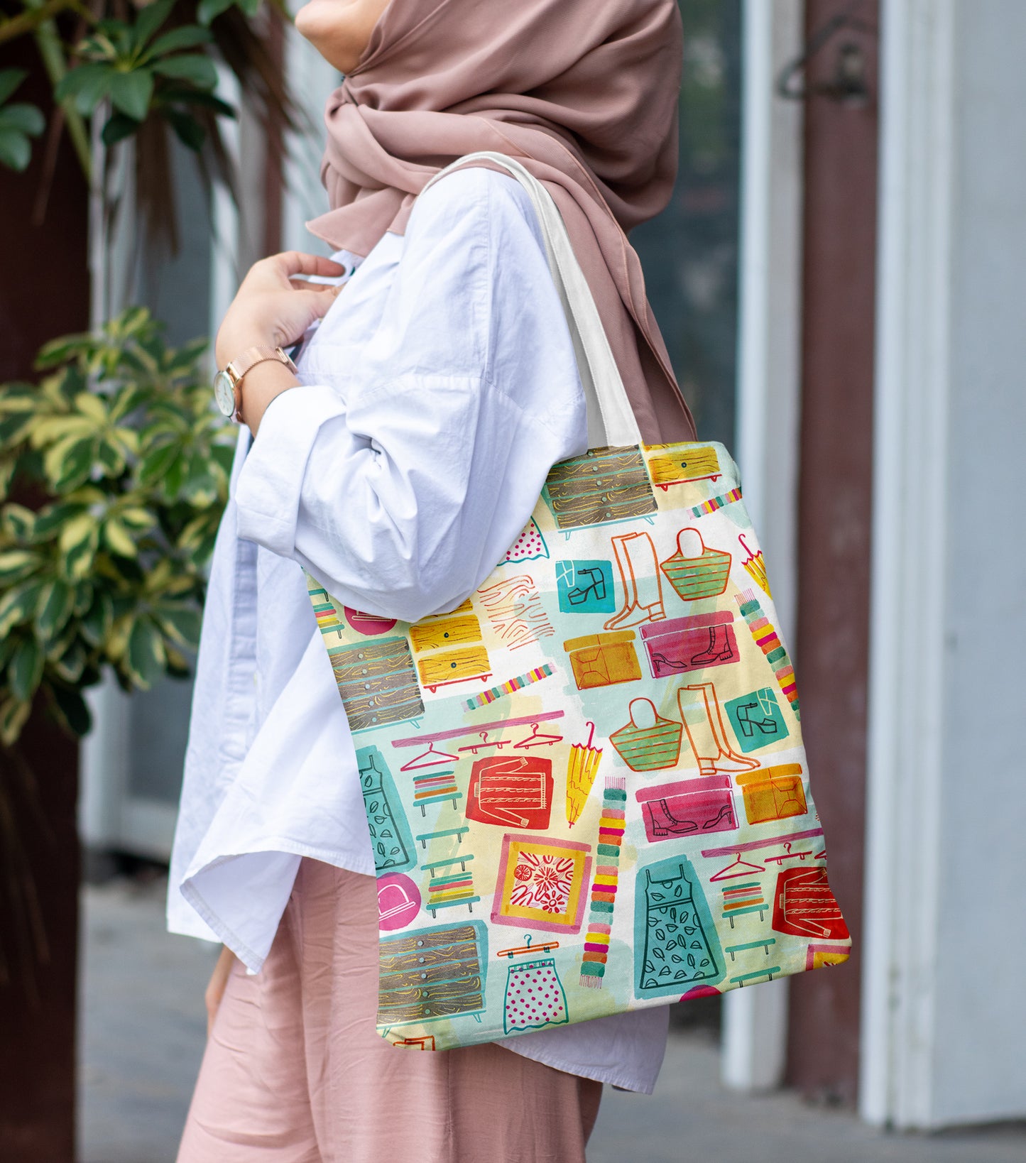 Watercolor Seamless pattern Printed Design White Tote Bag (14 X 16 Inches) For Shopping, College, Travel