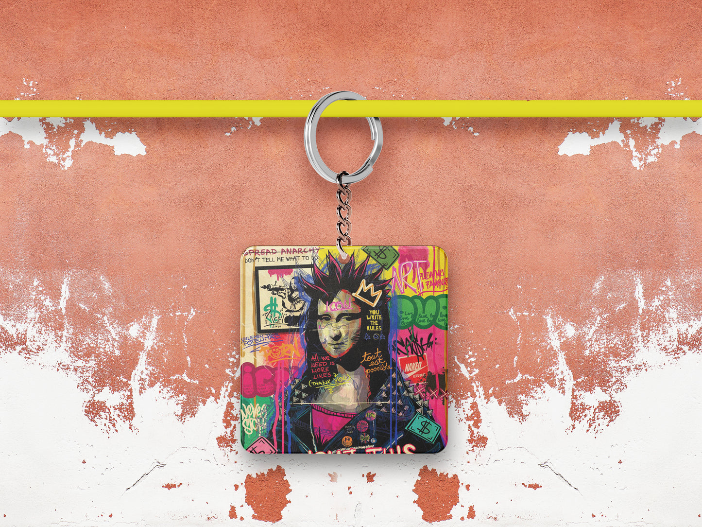 Mona Lisa pop Artwork Printed Square Shape Wooden Keyring with Chain