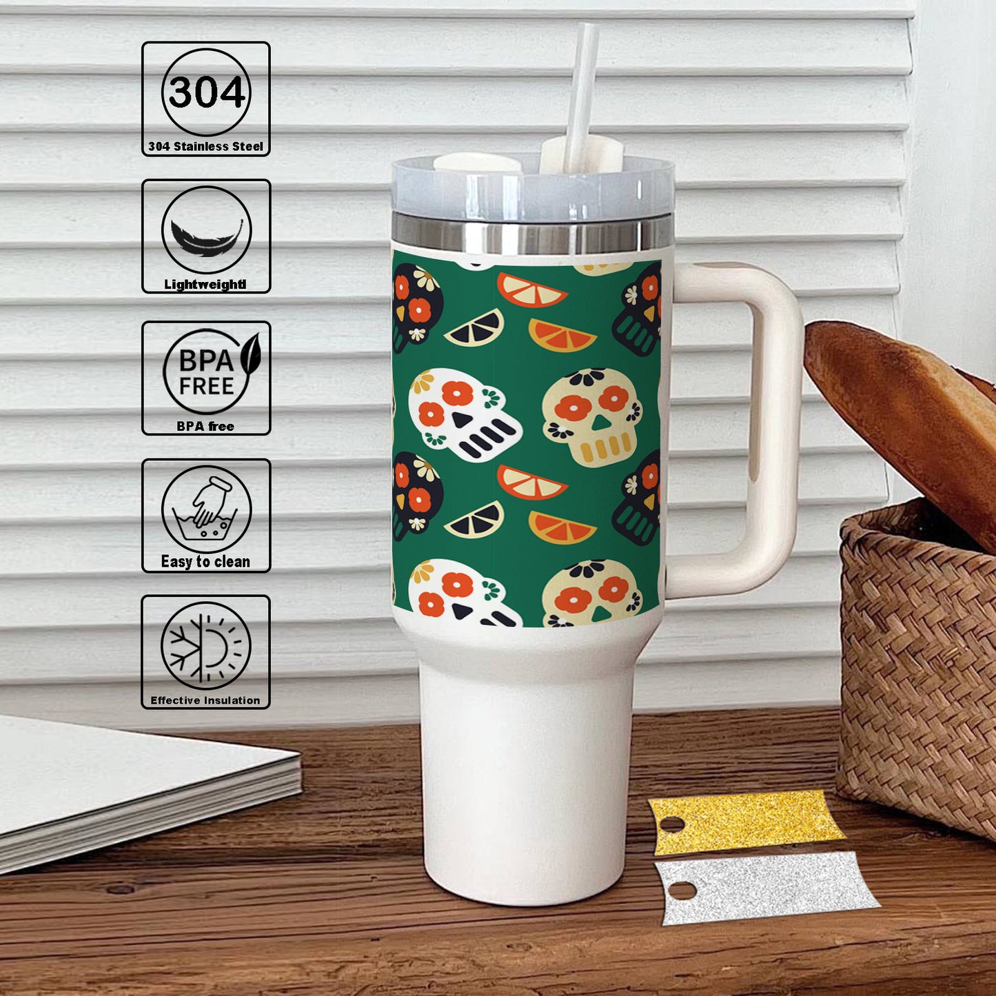 Flat patterns with traditional mexican elements 3 Printed 850ML with Lid Leak Proof Big Travel Tumbler with Handle and Straw