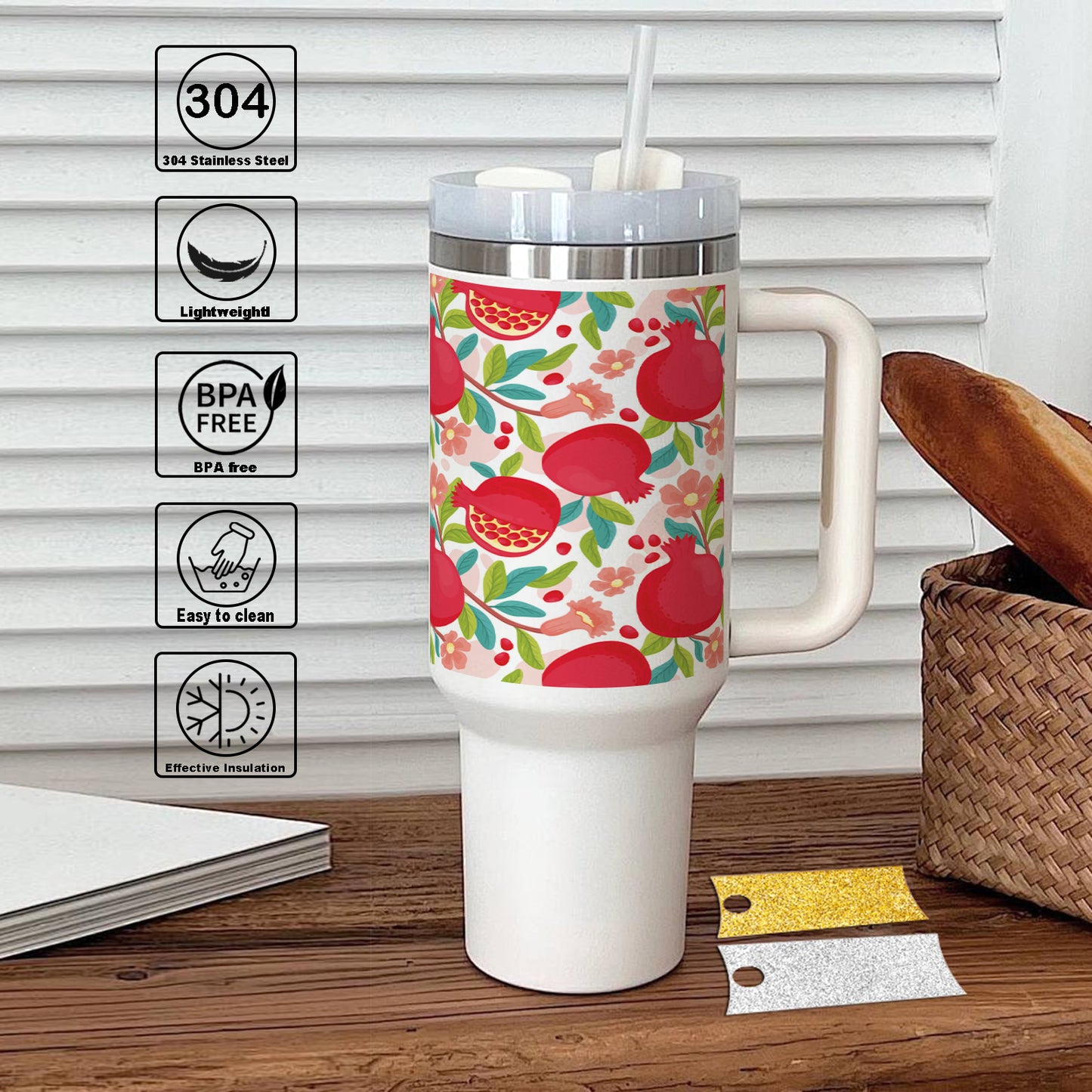 Hand drawn fruit and floral design pattern Printed 850ML with Lid Leak Proof Big Travel Tumbler with Handle and Straw