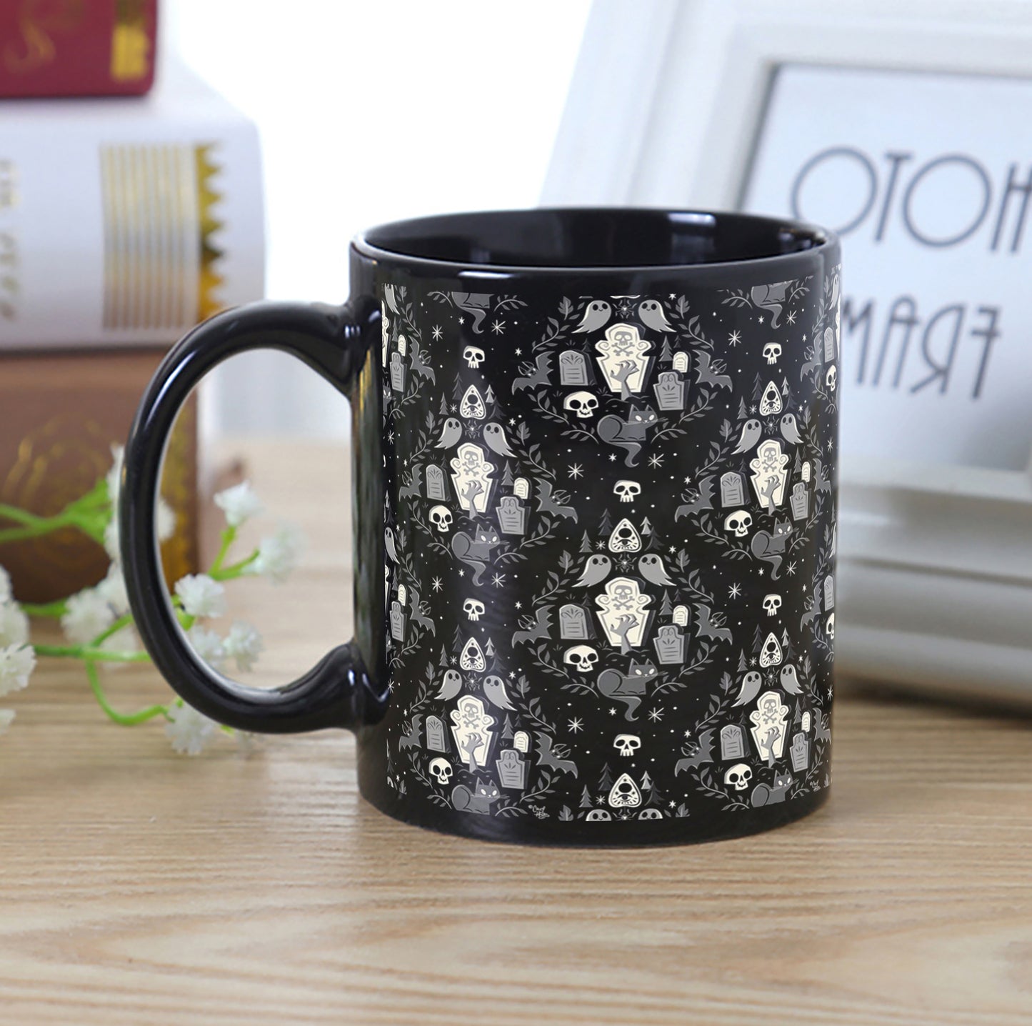 Halloween Pattern Design Full Black 330 ml Coffee Mug with Coaster