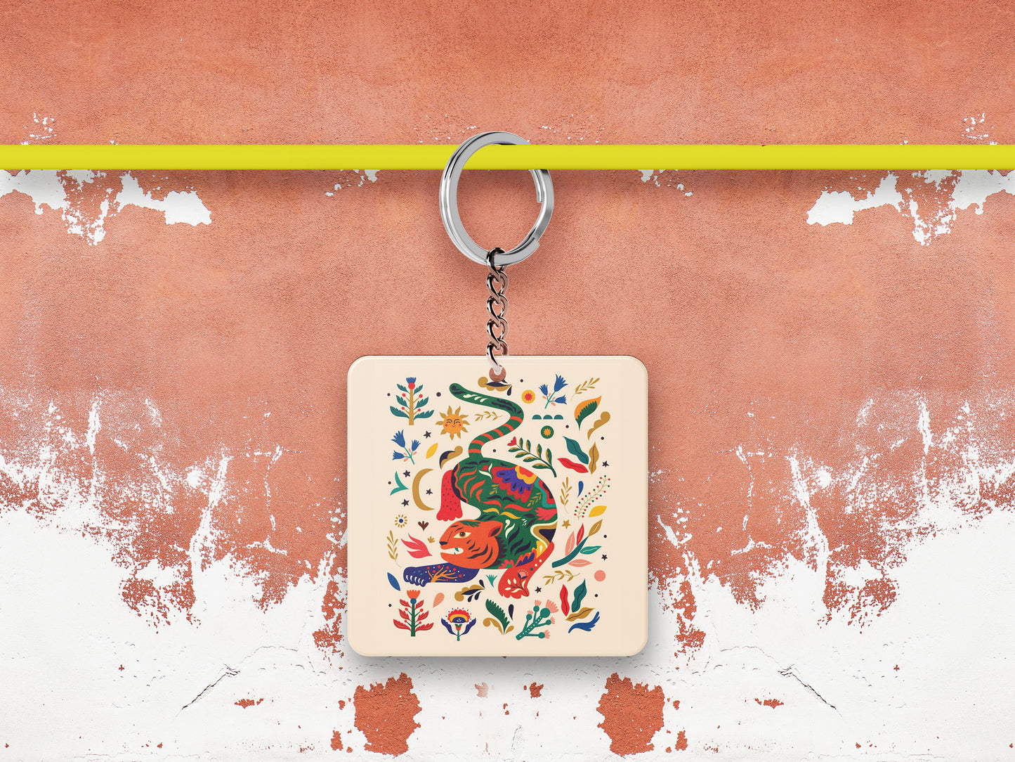 Tigers Illustration Pattern Printed 330 ml White Coffee Mug with Square Shape Wooden Keyring and Chain