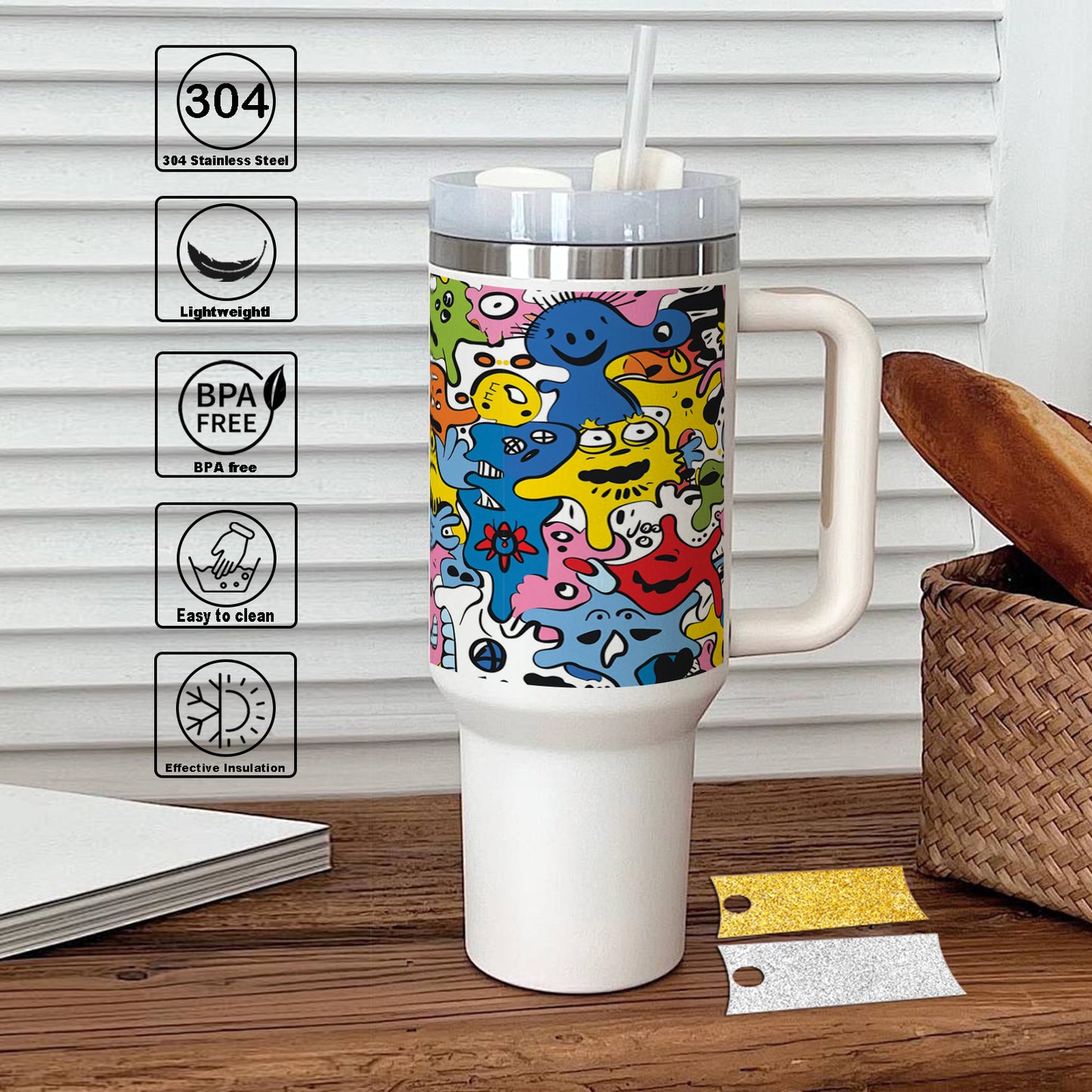 Hand drawn doodle pattern abstract design Printed 850ML with Lid Leak Proof Big Travel Tumbler with Handle and Straw