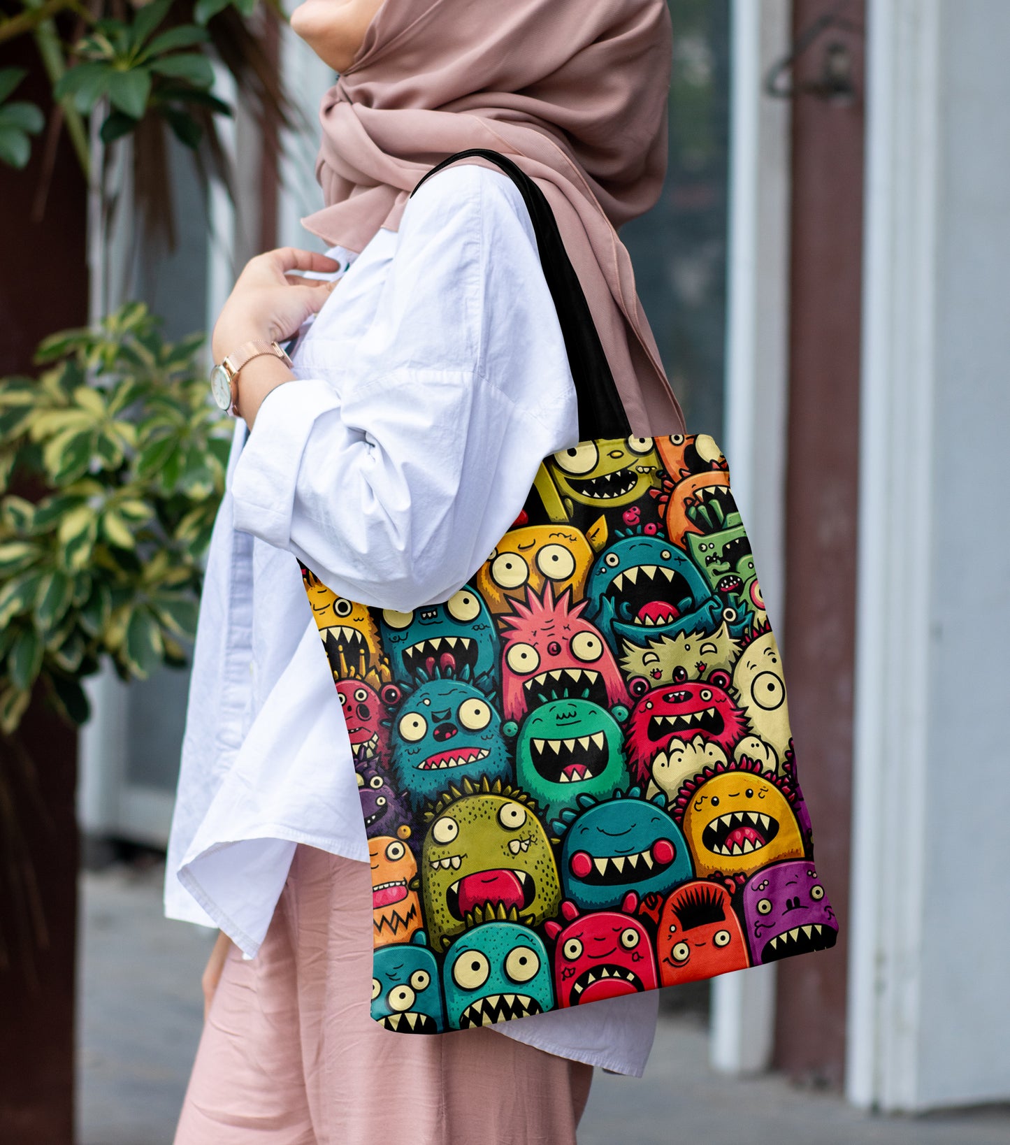 Funny Monsters Pattern Printed Black Handle Tote Bag (14 X 16 Inches) For Shopping, College, Travel