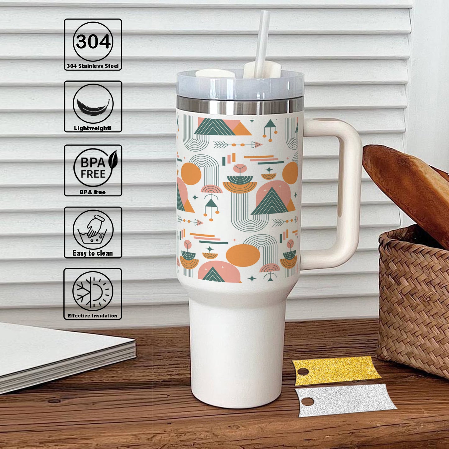 Hand drawn boho geometric pattern Printed 850ML with Lid Leak Proof Big Travel Tumbler with Handle and Straw