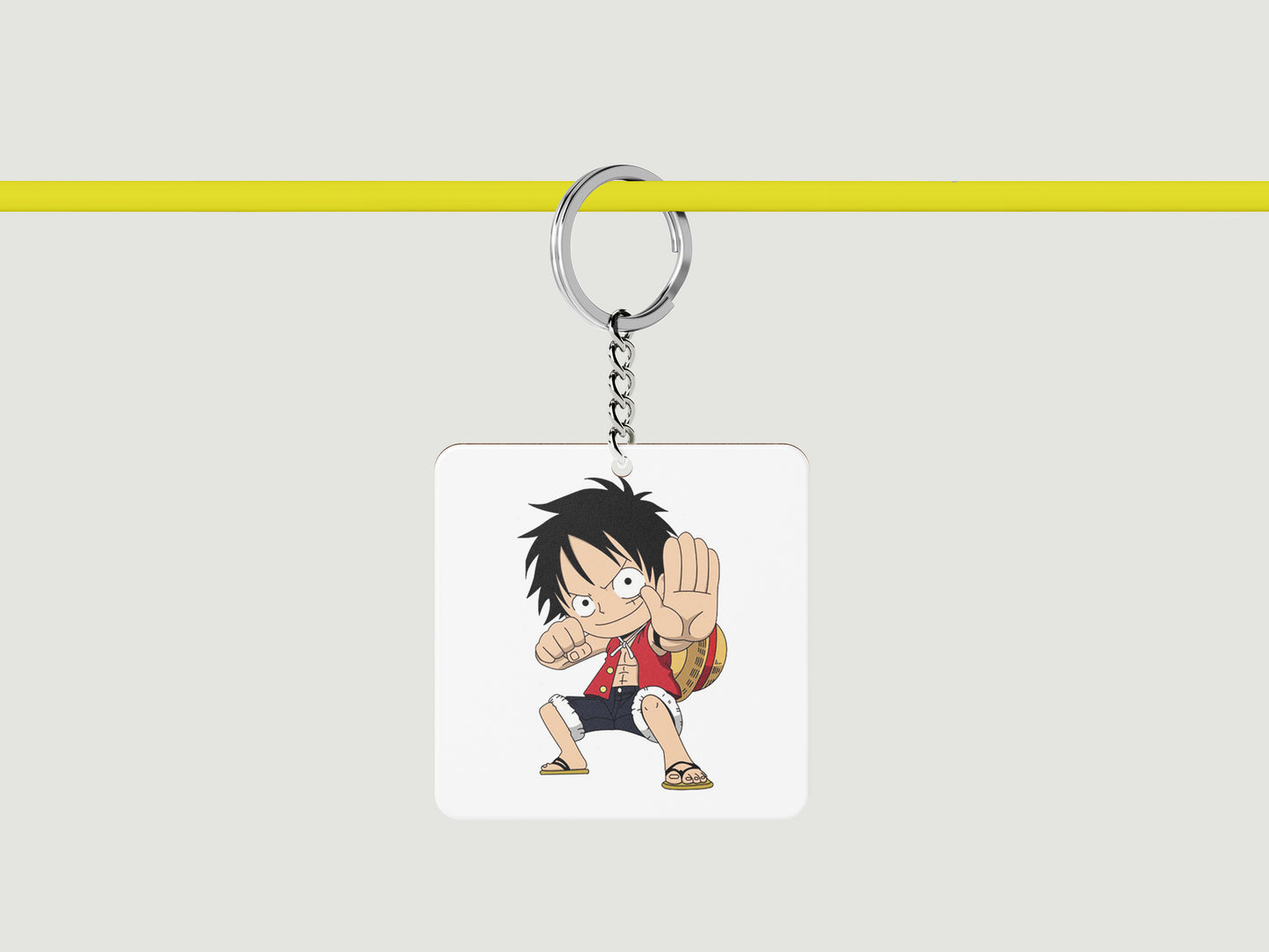 Child Monkey D Luffy Sticker Printed Square Shape Wooden Keyring with Chain