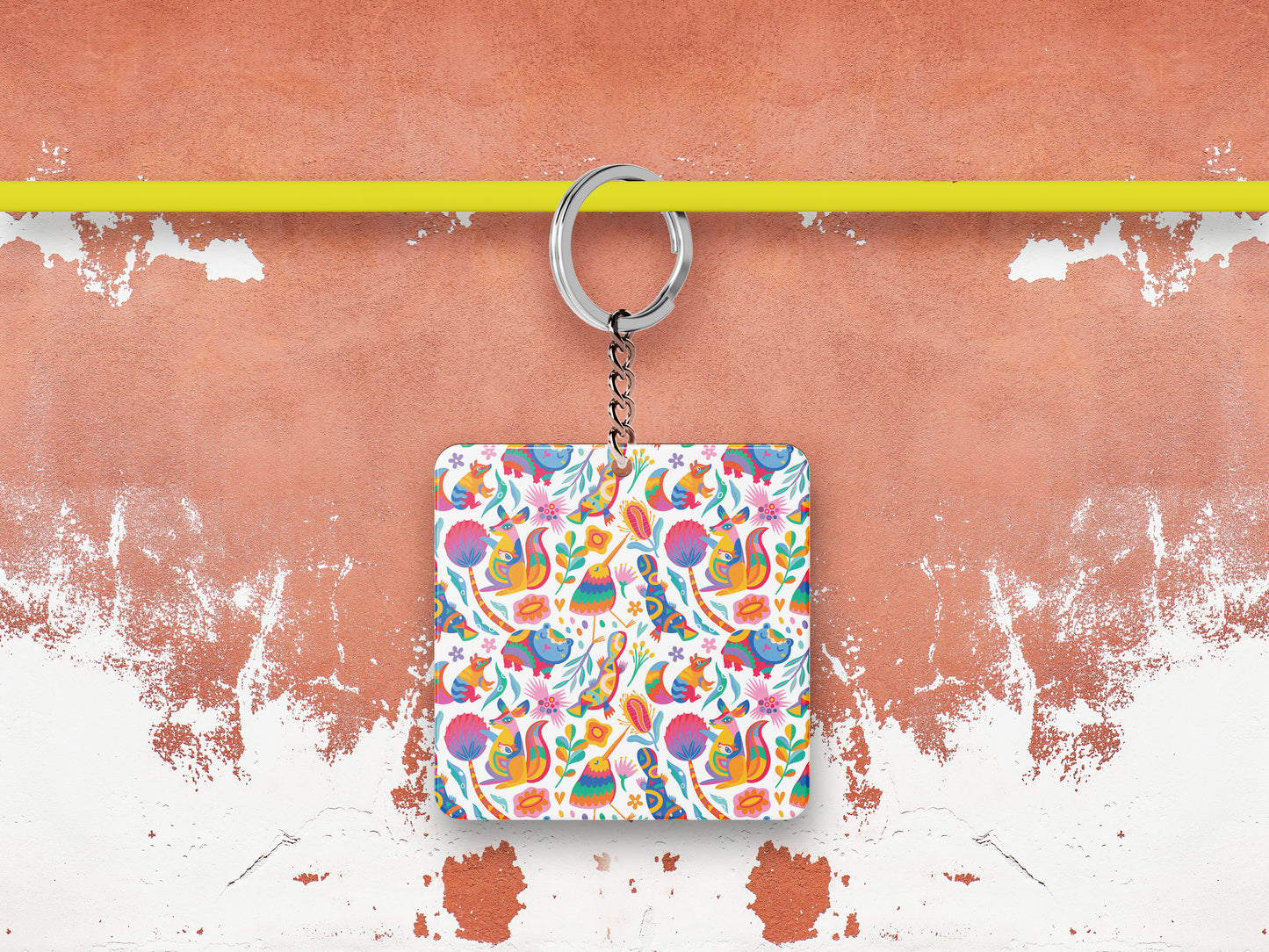 Seamless Animals, Flowers and Leaves Pattern Printed 330 ml White Coffee Mug with Square Shape Wooden Keyring and Chain