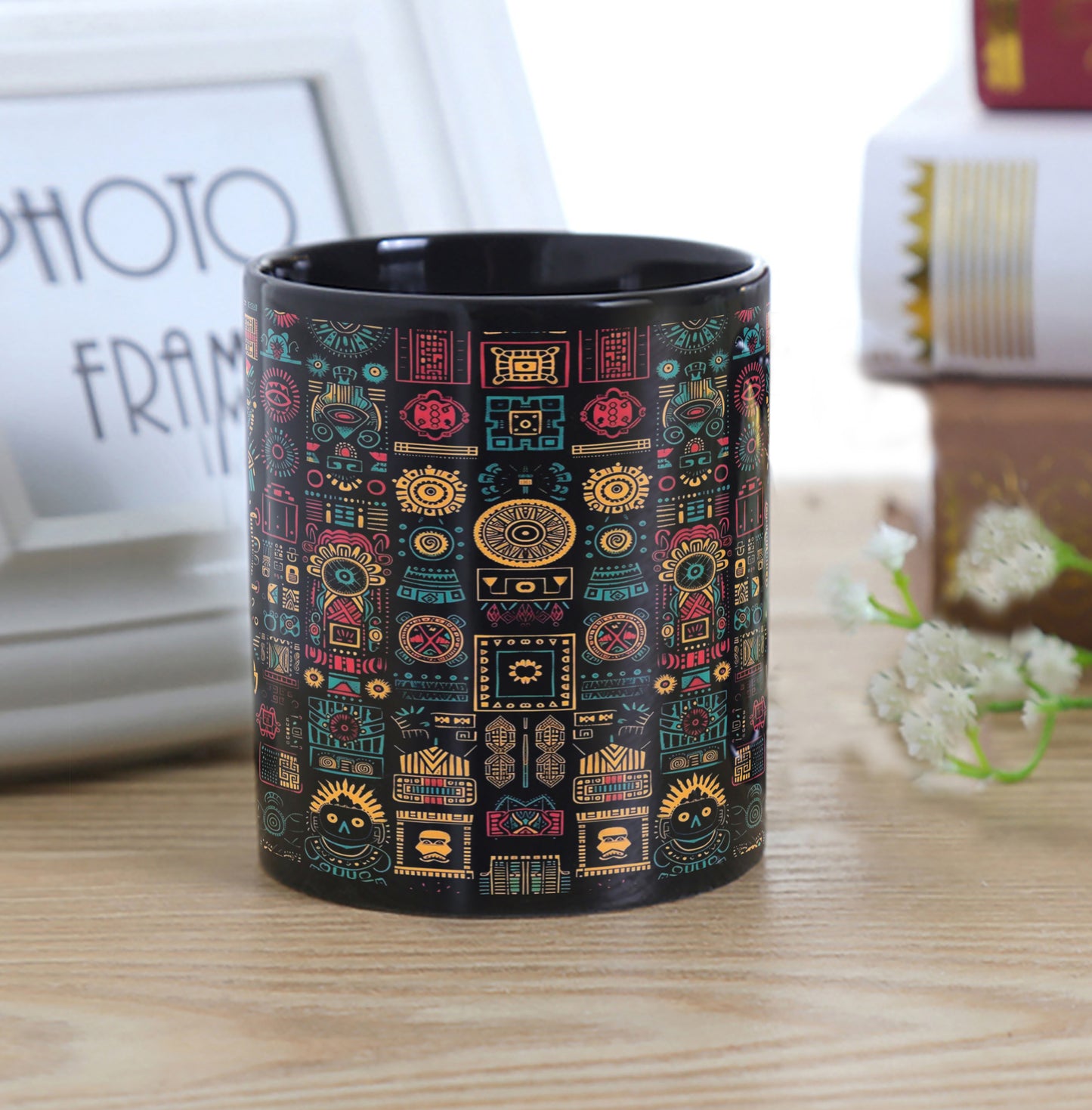 Aztec Wheel Pattern Combo Mugs and Coaster(Set of 2 Mugs and 2 coasters) 330 ml Full Black Coffee Mug