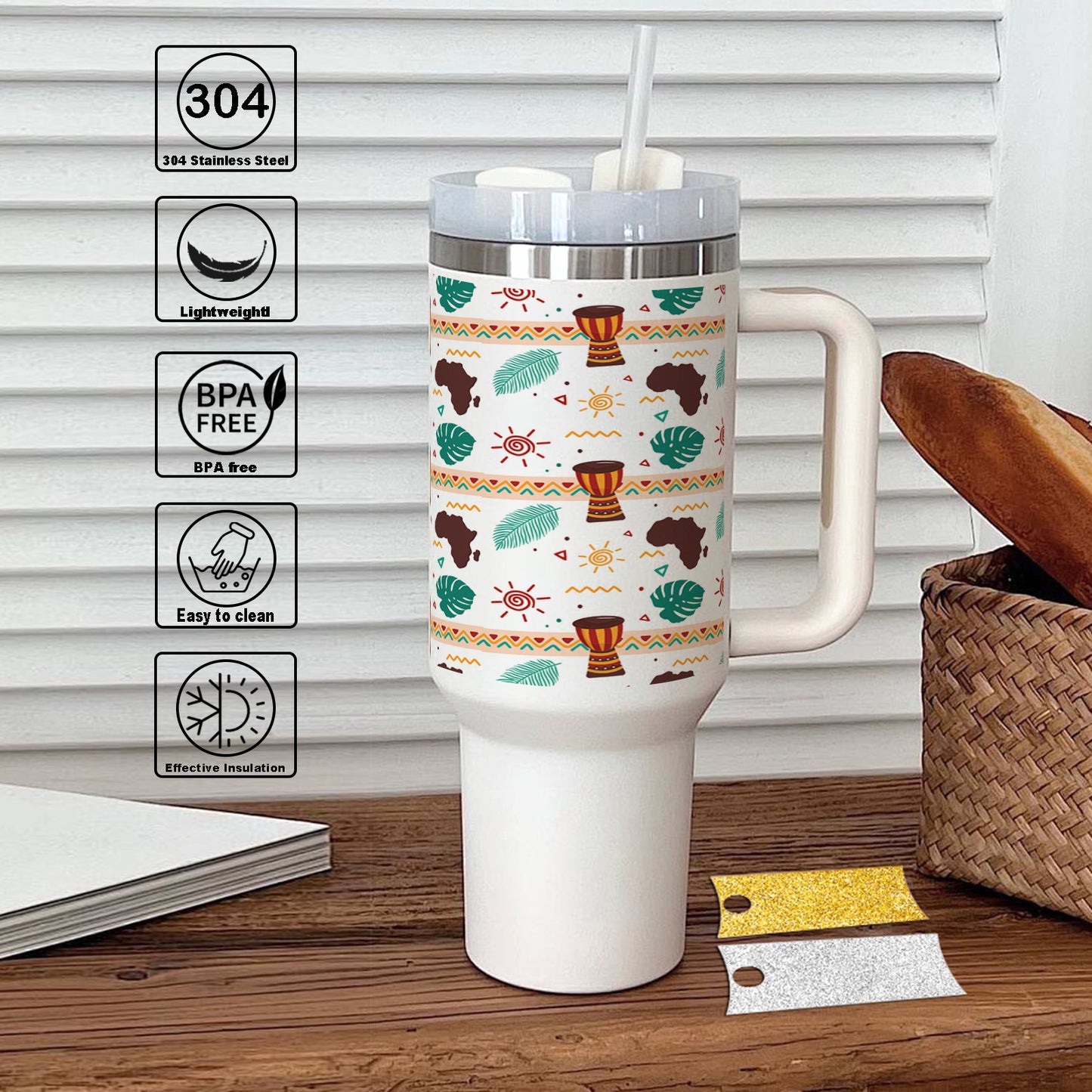 Flat african pattern design Printed 850ML with Lid Leak Proof Big Travel Tumbler with Handle and Straw