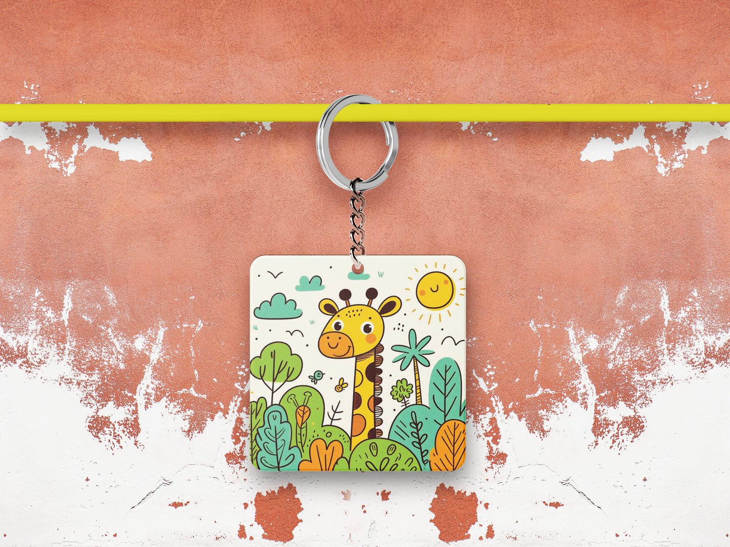 A cartoon drawing of giraffes and trees Printed Square Shape Wooden Keyring with Chain