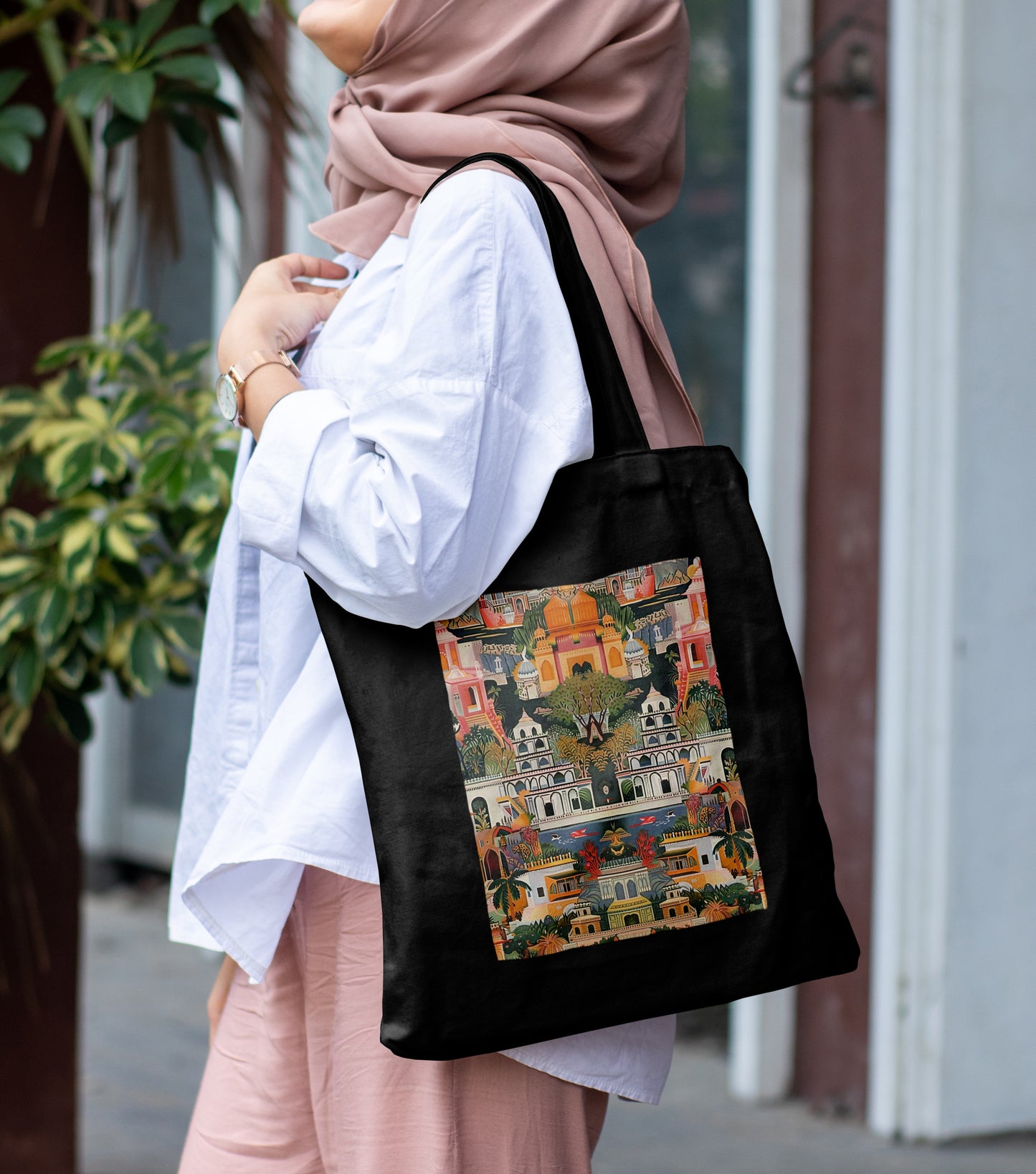 Oriental buildings and trees Design Printed Black Patch With Pocket Tote Bag (14 X 16 Inches) For Shopping, College, Travel