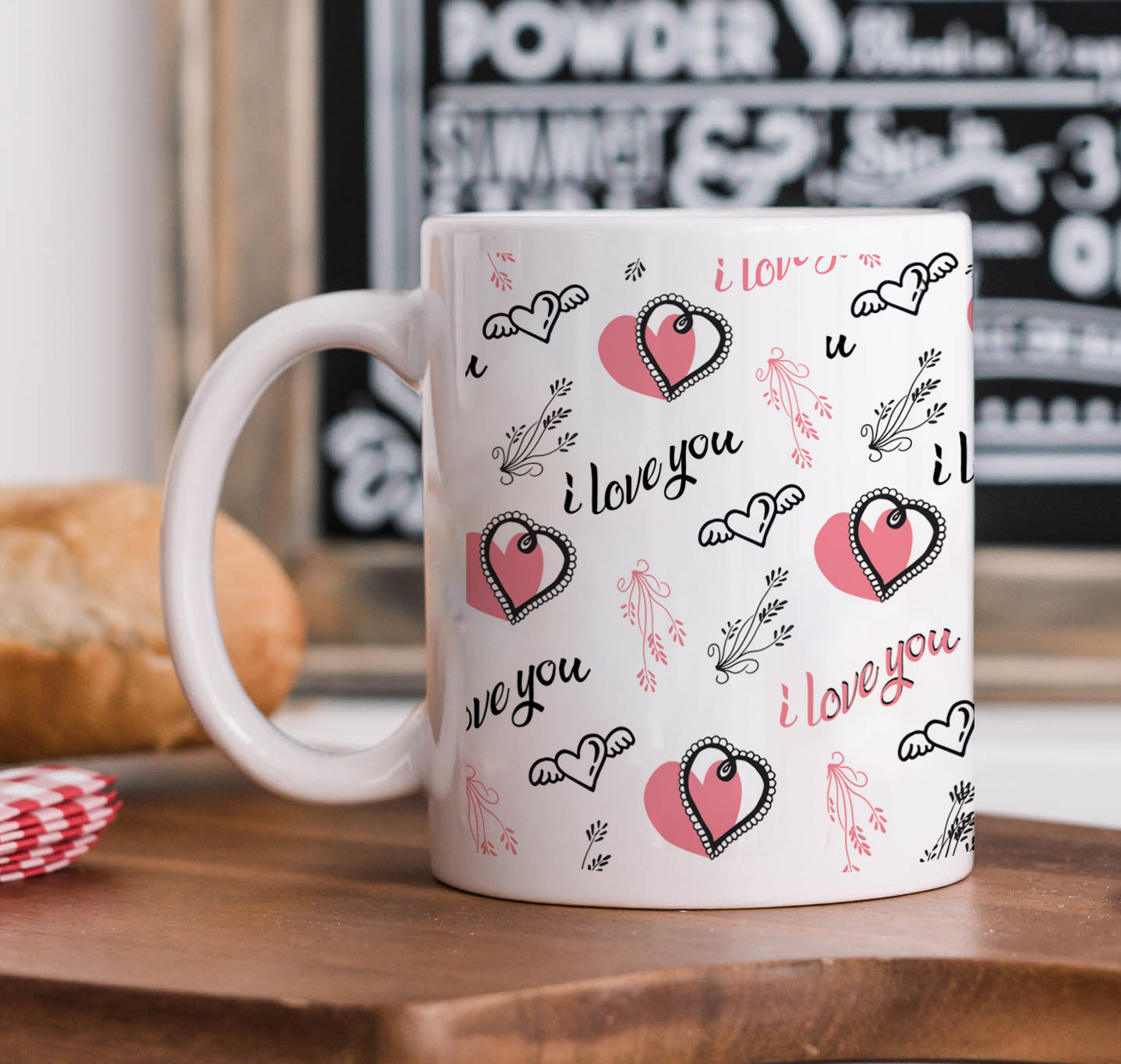 Hand Drawn Valentine Hearts and Plants pattern Mug and Coaster 330 ml Coffee Mug