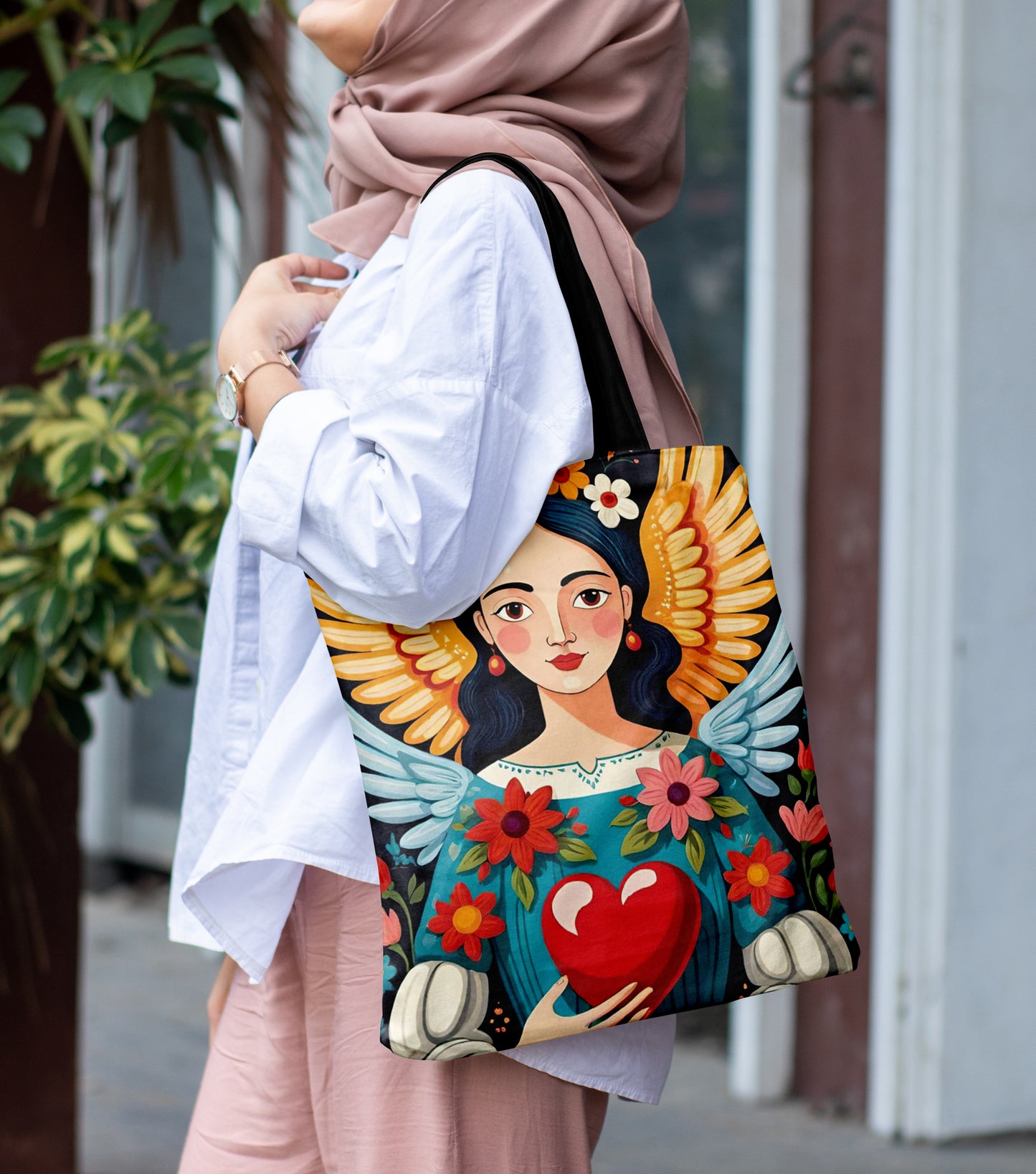 Fairy Queen Pattern Printed Black Handle Tote Bag (14 X 16 Inches) For Shopping, College, Travel