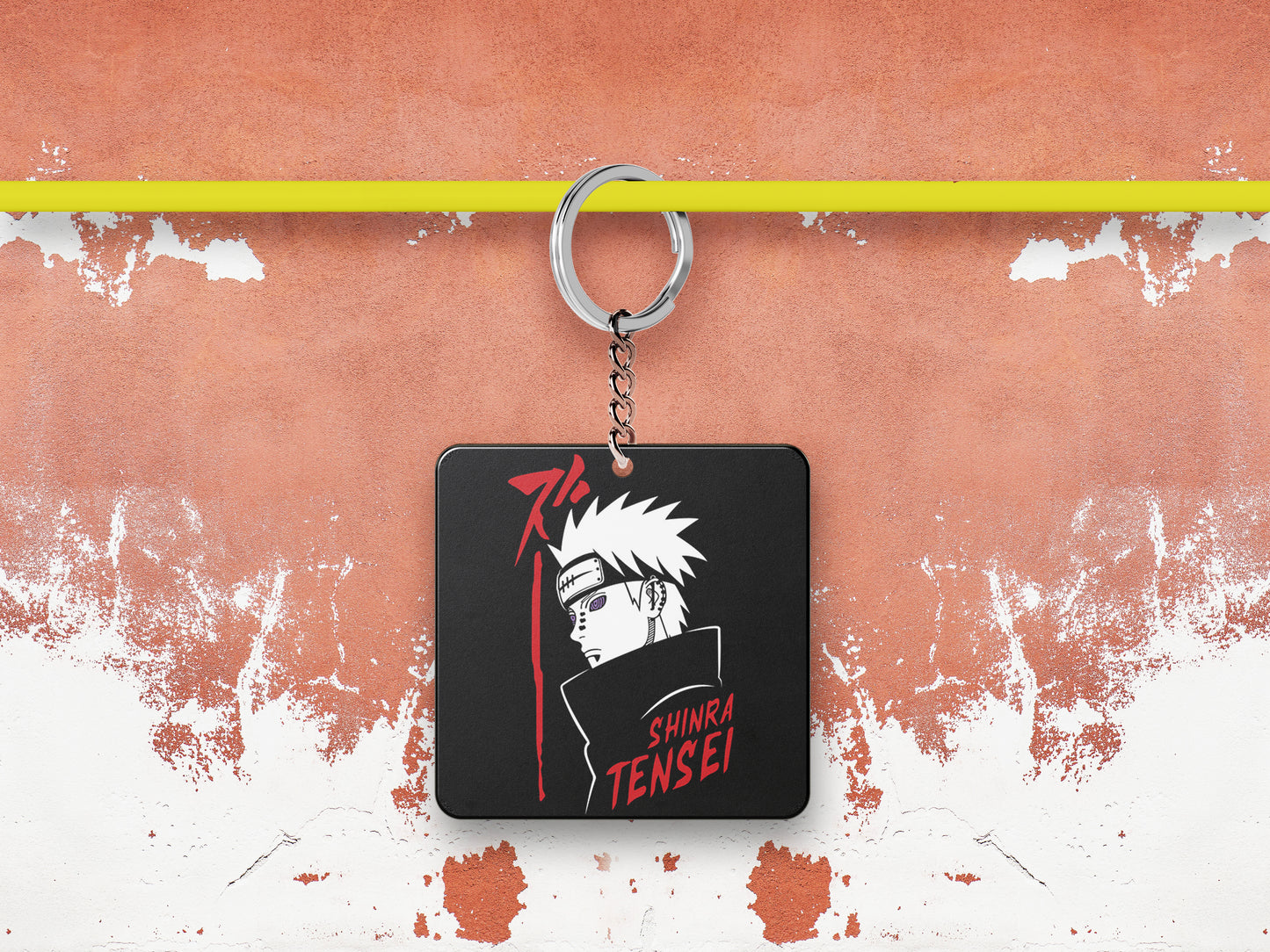 All Mighty Pain Printed Square Shape Wooden Keyring with Chain