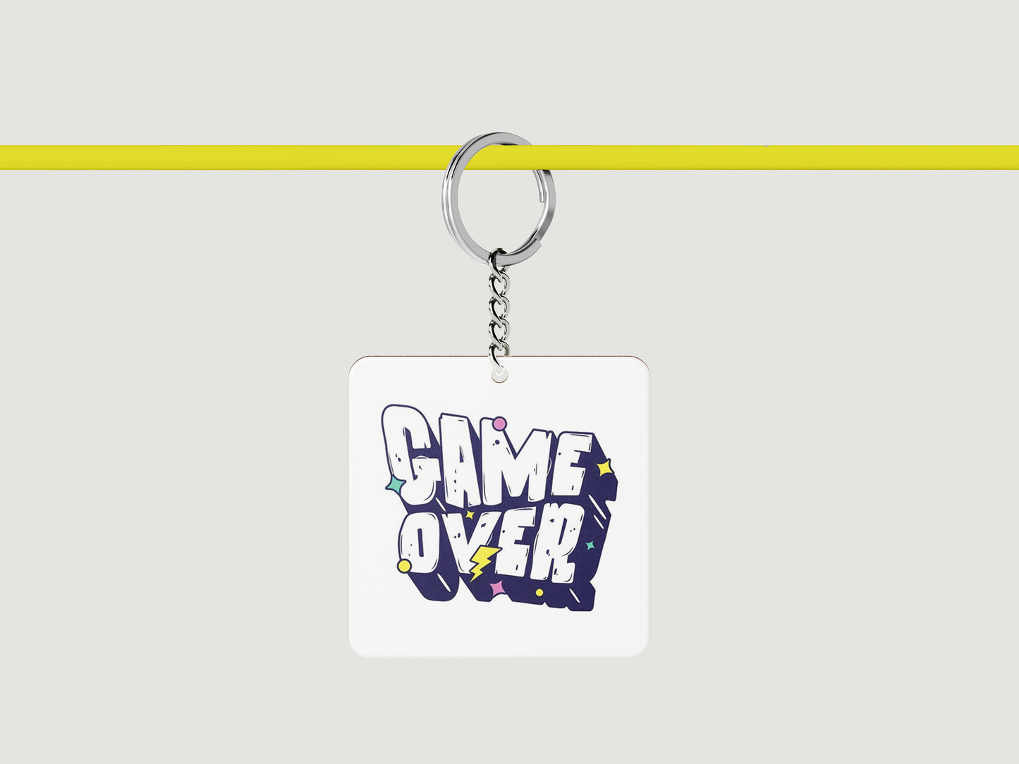 Game Over Digital Graphic Design Printed Square Shape Wooden Keyring with Chain
