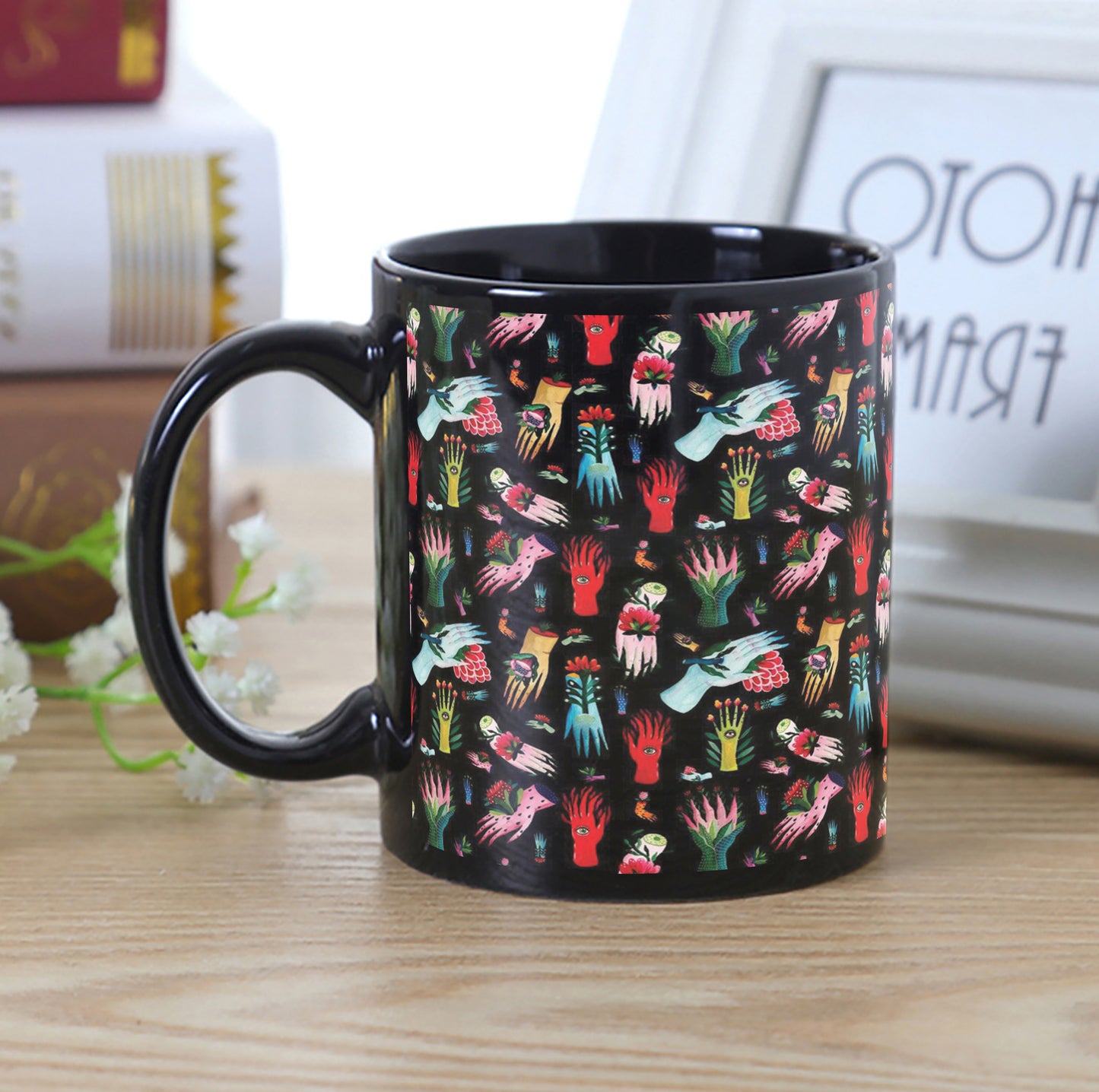 All Seeing Eye Pattern Design Full Black 330 ml Coffee Mug with Coaster