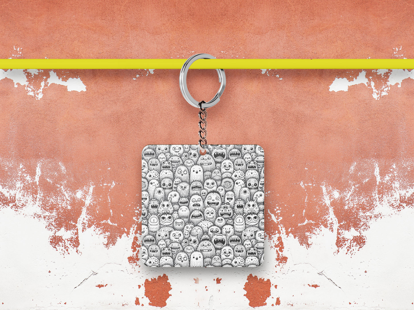 Black and White Monster Pattern Printed 330 ml White Coffee Mug with Square Shape Wooden Keyring and Chain