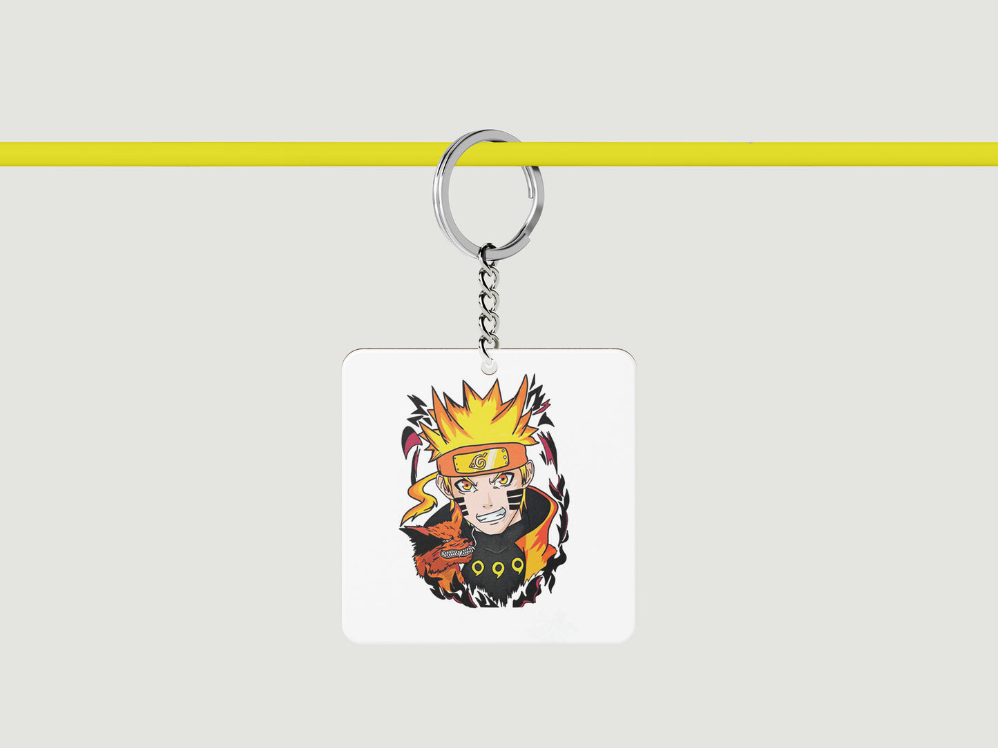 Artistic Impression Naruto Uzumaki Printed Square Shape Wooden Keyring with Chain