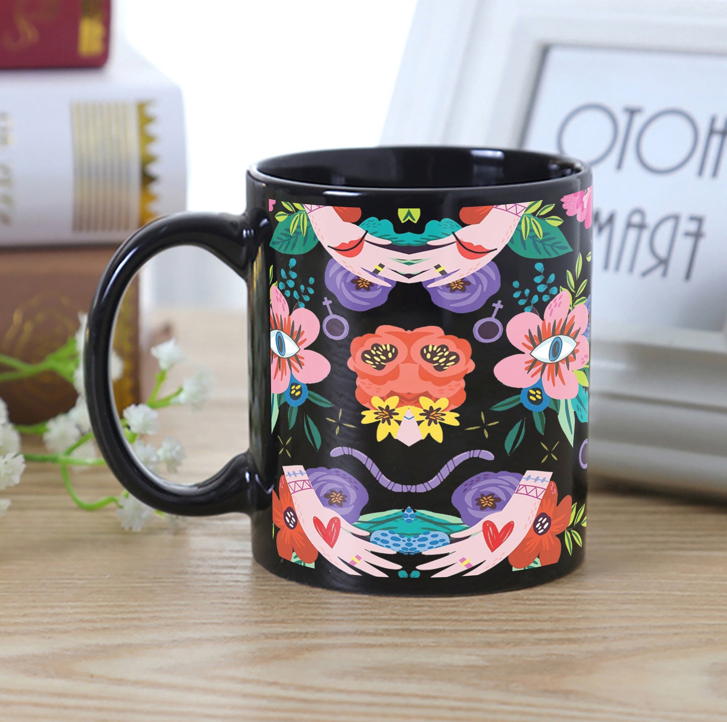 Flower and Eye pattern Design Full Black 330 ml Coffee Mug with Coaster