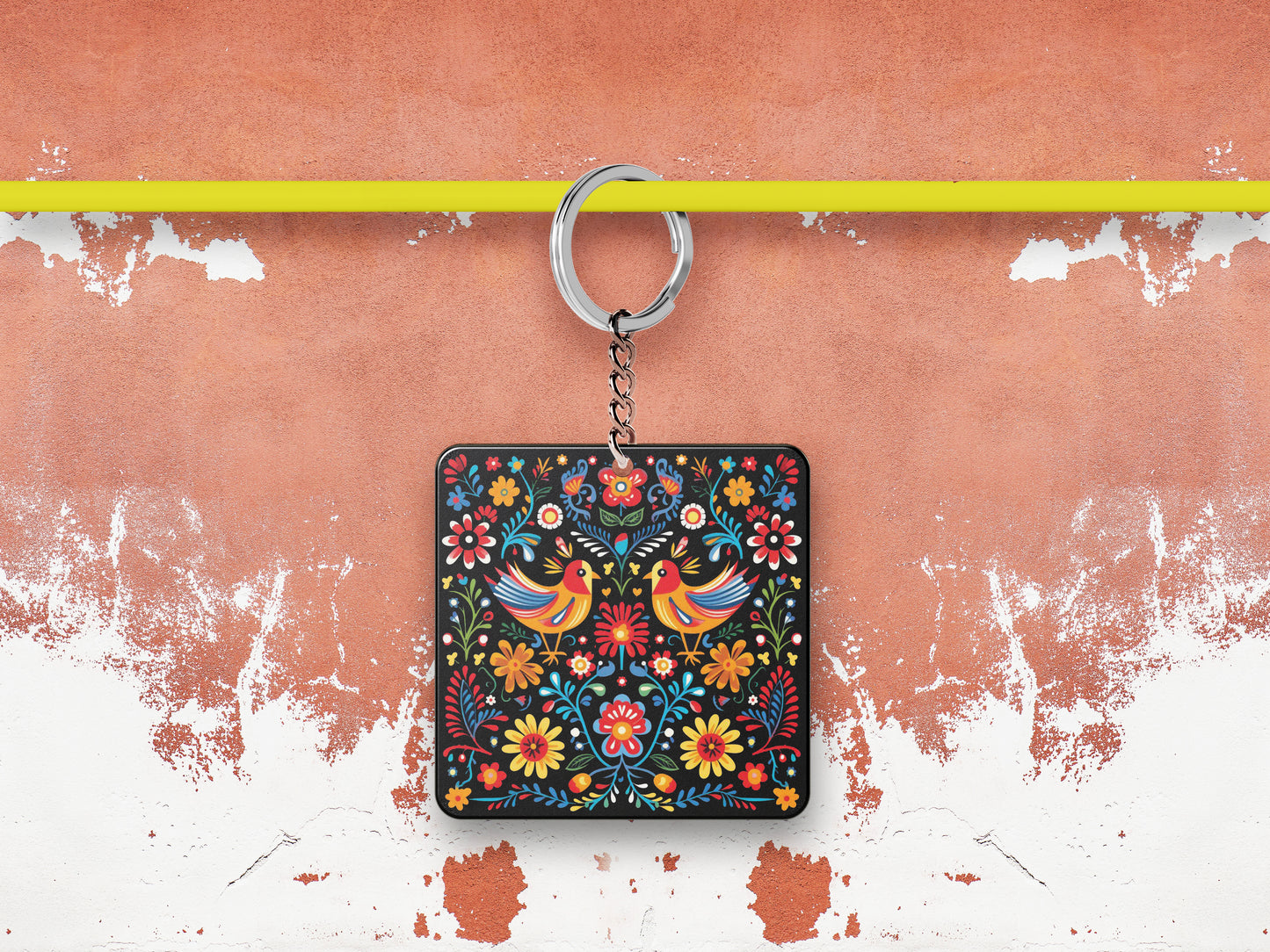 Mexican Folk Art Patterns Printed 330 ml White Coffee Mug with Square Shape Wooden Keyring and Chain