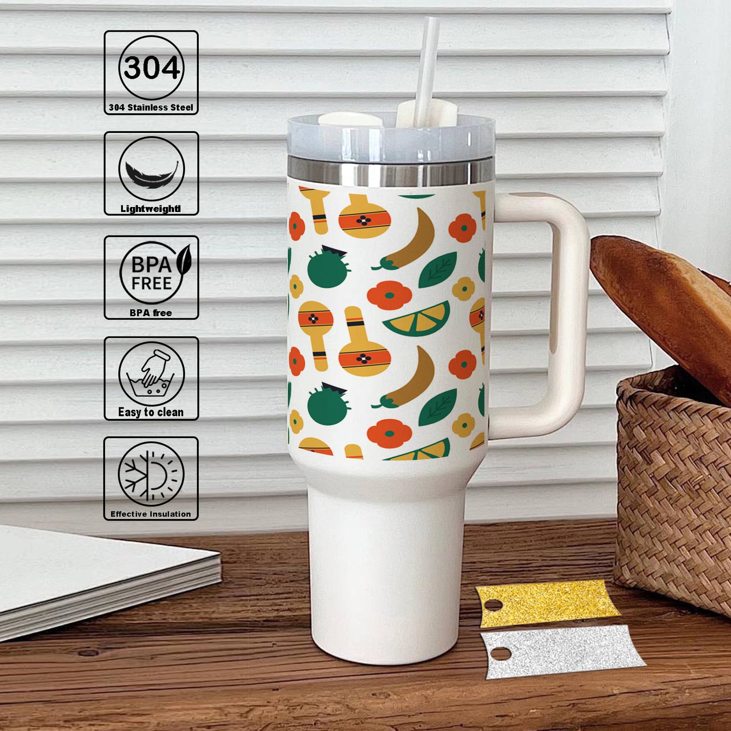 Flat patterns with traditional mexican elements 1 Printed 850ML with Lid Leak Proof Big Travel Tumbler with Handle and Straw