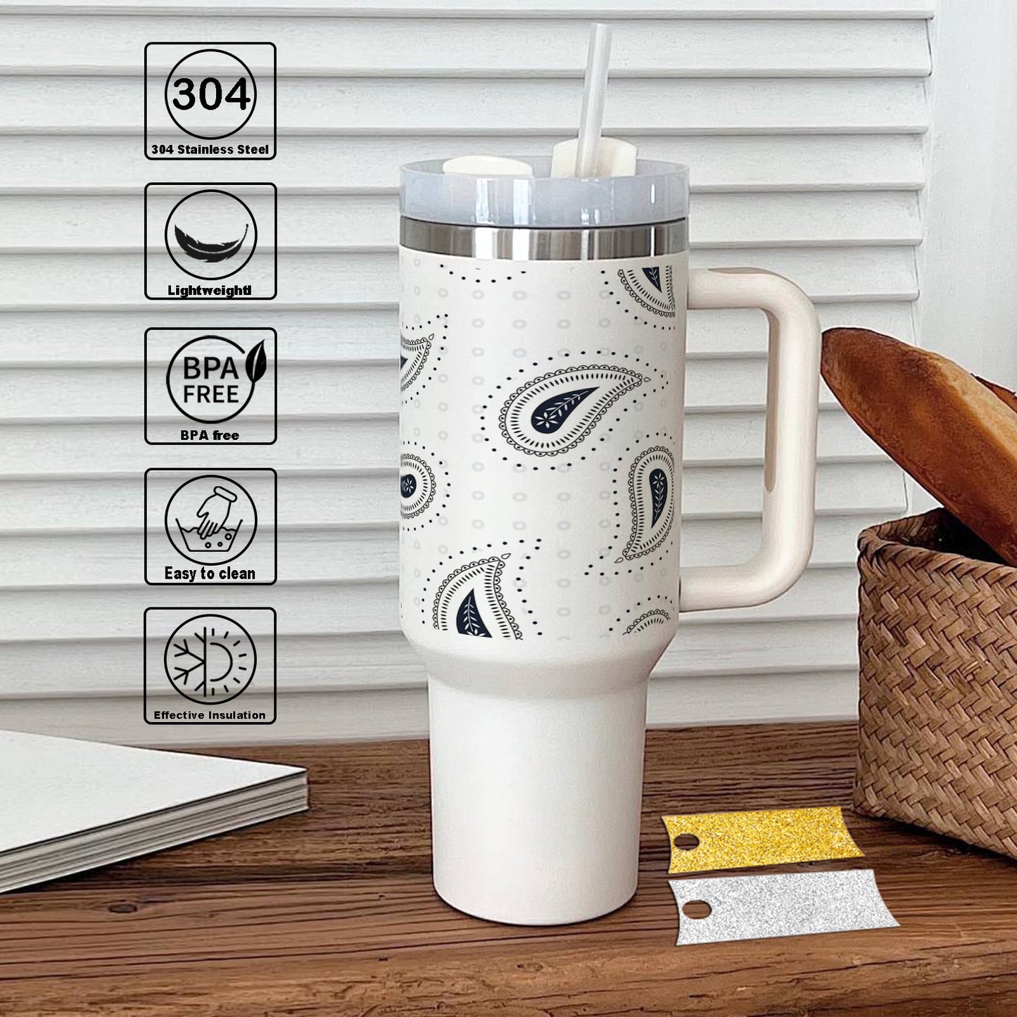Simple paisley black pattern Printed 850ML with Lid Leak Proof Big Travel Tumbler with Handle and Straw