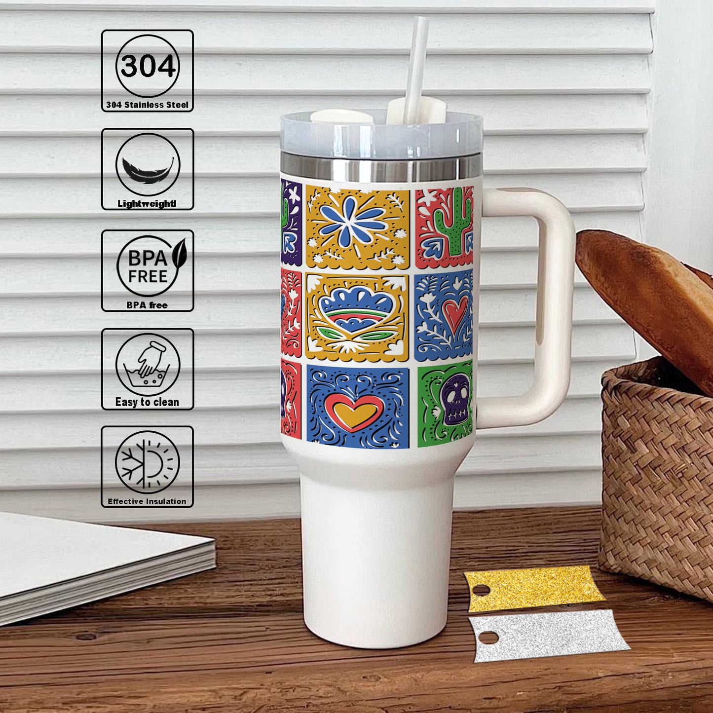 Mexican bunting design Printed 850ML with Lid Leak Proof Big Travel Tumbler with Handle and Straw